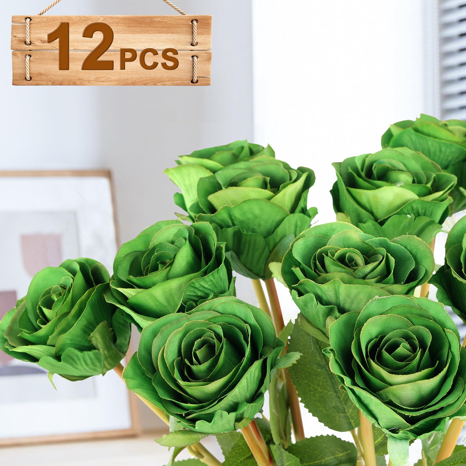 Hananona Artificial Roses Flowers for St. Patrick's Day，12 Pcs Silk Green Rose Bouquet for Spring Home Decoration, Green Faux Roses for Wedding