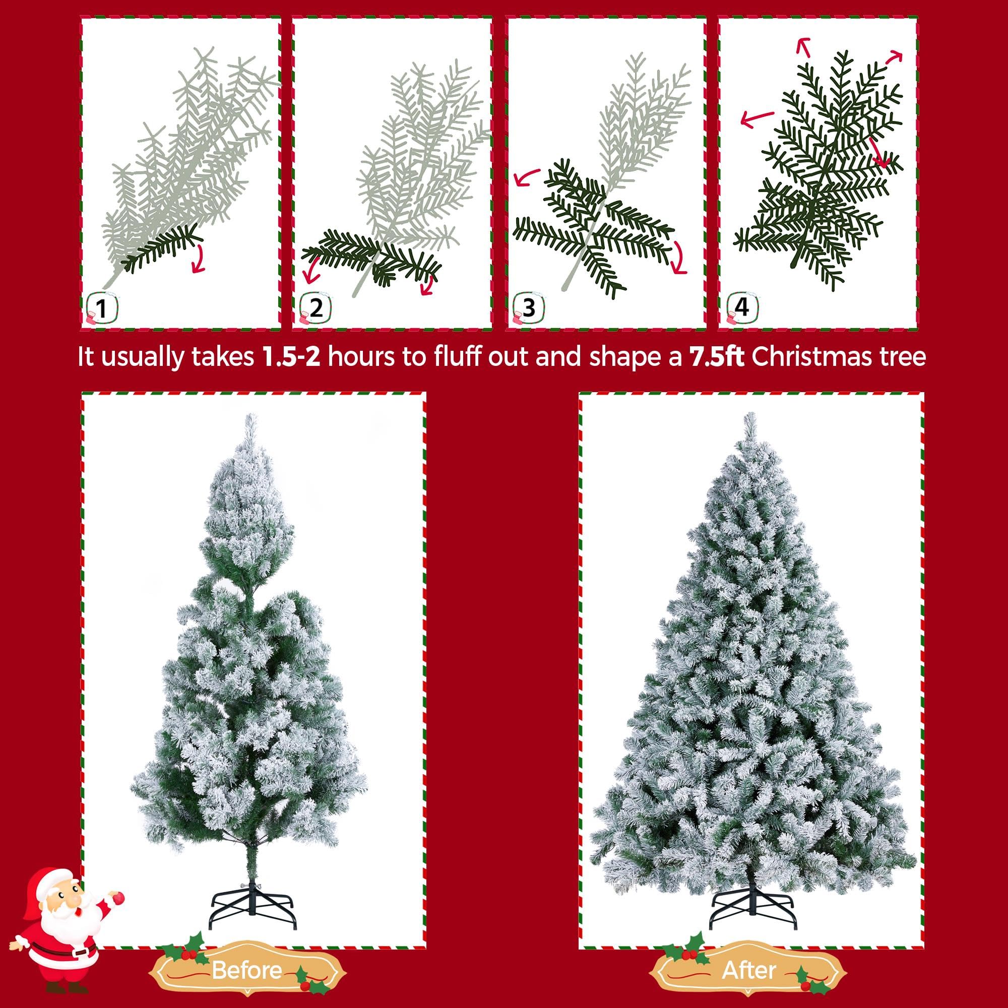 Yaheetech 6ft Snow Flocked Pre-lit Christmas Tree with 250 Warm White Lights, 820 Lush Branch Tips & Quick-Assembly Hinged Design, Full Artificial Xmas Tree for Winter Holiday Décor, Green & White