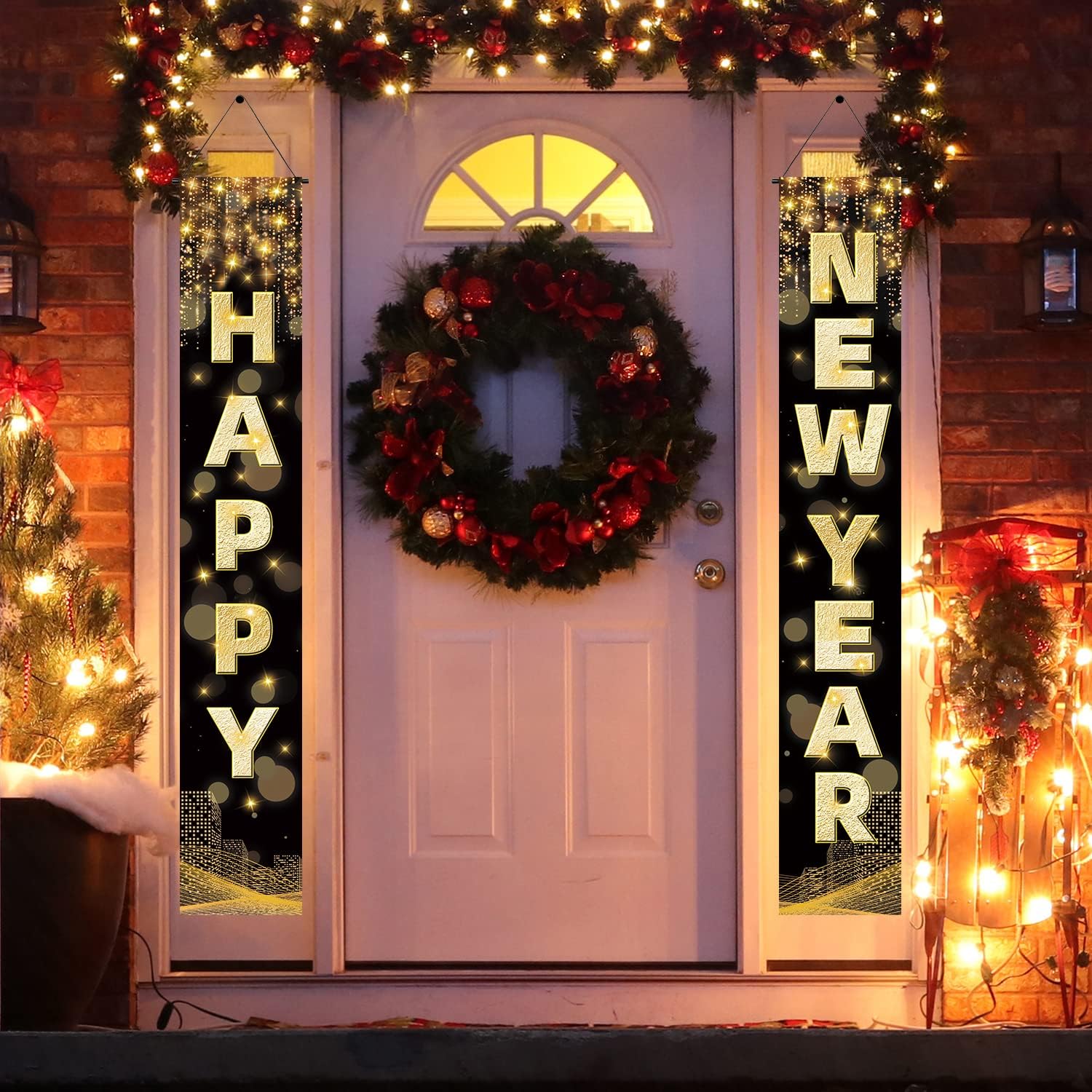 Labeol Happy New Year Banner, 72 x 12 Inch Large Front Door Porch Sign Hanging Banner Decorations New Years Eve Party Supplies 2025, Happy 2025 Decorations for Outdoor Indoor Home Wall