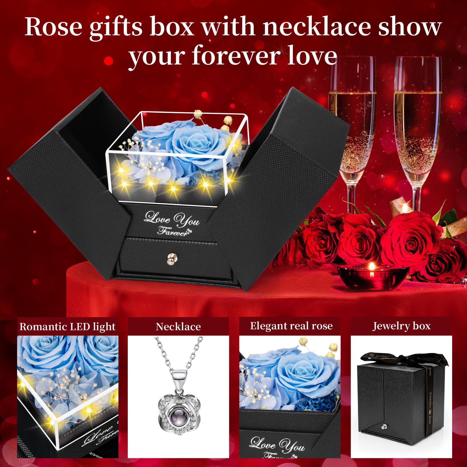 Lebana Preserved Red Real Rose with Heart I Love You Necklace -Mothers Day Gifts for Mom Her Wife Girlfriend Grandma on Valentines Mothers Day Christmas Birthday Anniversary Romantic-Red