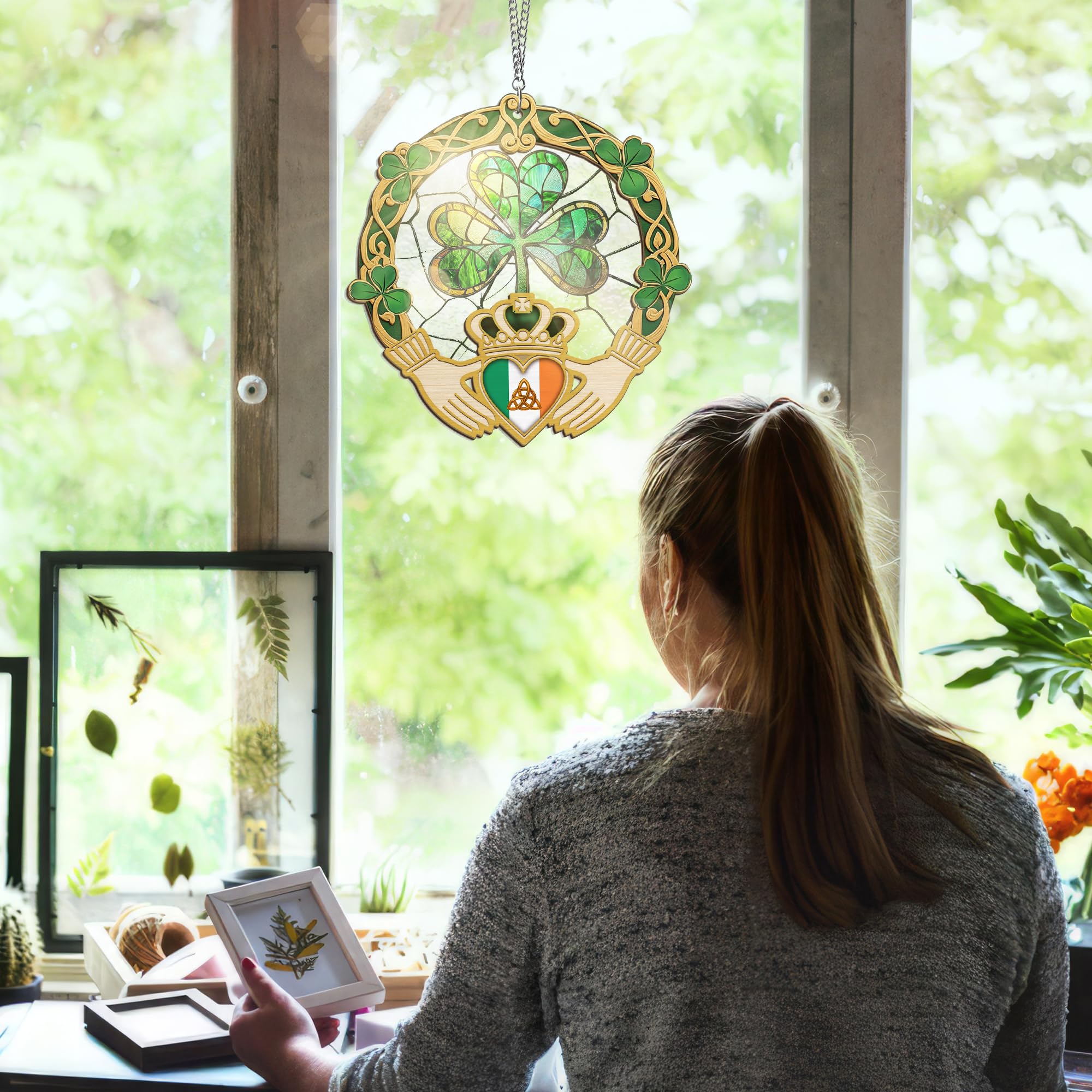 FLAGWIX St Patricks Day Decorations - Hanging Suncatcher 6 in, Shamrock St Patricks Day Decorations, Irish Suncatcher for Home Garden Decor - Irish Gifts for Women Men, Spiritual Gifts for Mom Grandma