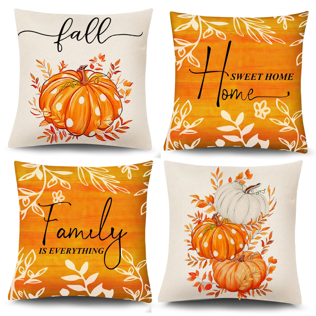 Hongsome Fall Decorations for Home-Throw Pillow Covers 18x18in Set of 4,Pumpkin Linen Pillow Case for Thanksgiving Couch Autumn Holiday Outdoor Burnt Orange White Decor