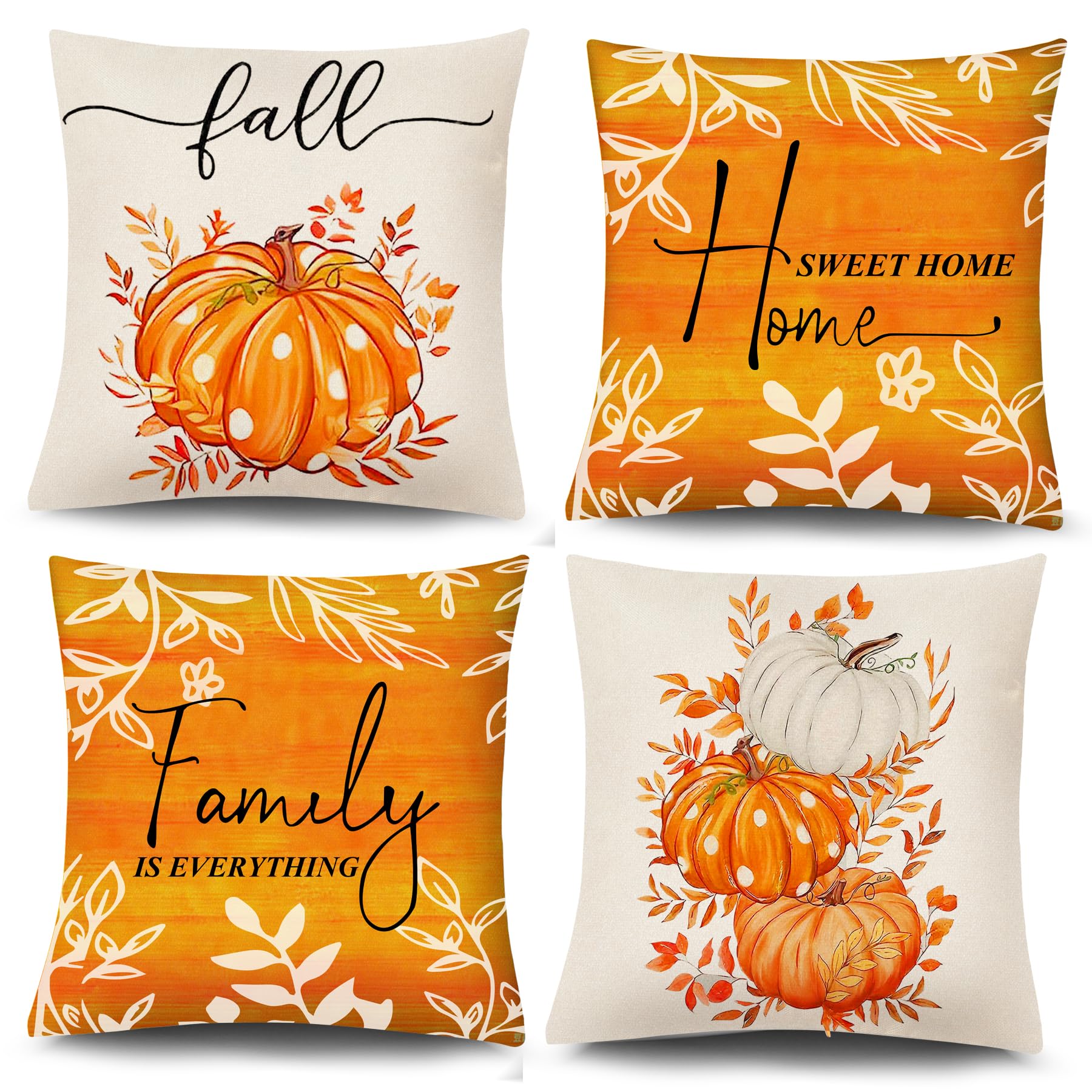 Hongsome Fall Decorations for Home-Throw Pillow Covers 18x18in Set of 4,Pumpkin Linen Pillow Case for Thanksgiving Couch Autumn Holiday Outdoor Burnt Orange White Decor