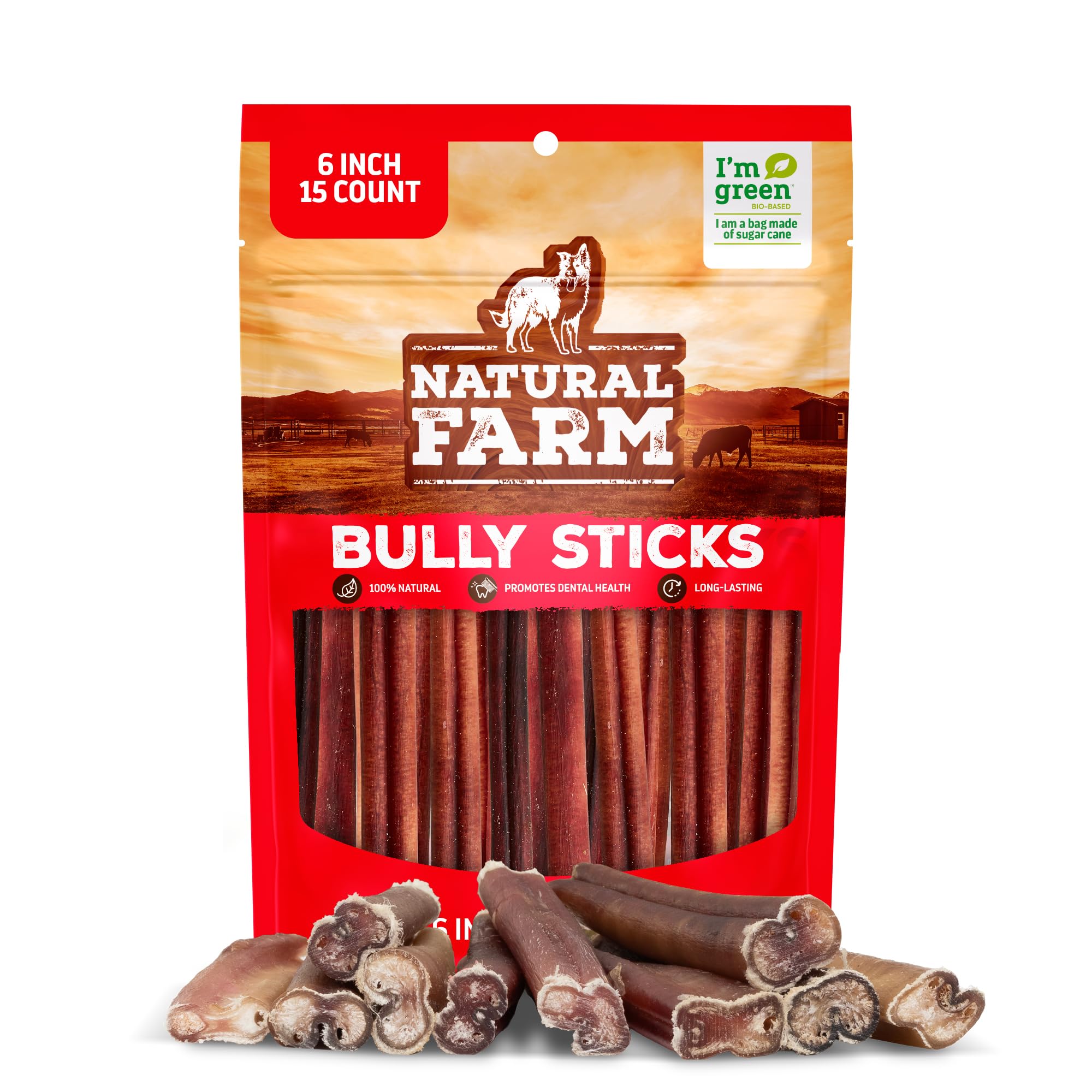 Natural Farm Bully Sticks (6 Inch, 15 Count), Single Ingredient: 100% Beef Chews, Grass-Fed, Non-GMO, Grain-Free, Fully Digestible Treats for Puppies, Small or Senior Dog