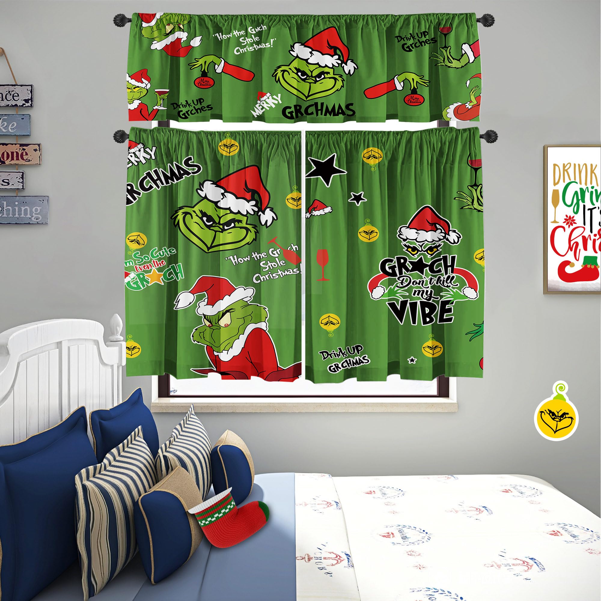 Christmas Kitchen Curtain Valances Winter Holiday Festive Small Window Decoration, Red and Green Farmhouse Xmas Design, 52x18inchx1, 26x36inchx2, 3 Panel, Rod Pocket