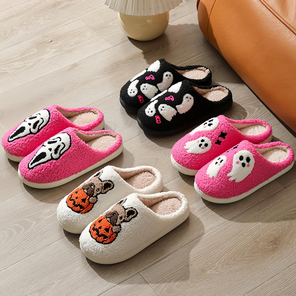 Halloween Slippers for Women Retro Soft Cozy Comfy Plush Lightweight Slip-on Indoor Outdoor Anti-Skid Sole Christmas House Shoes