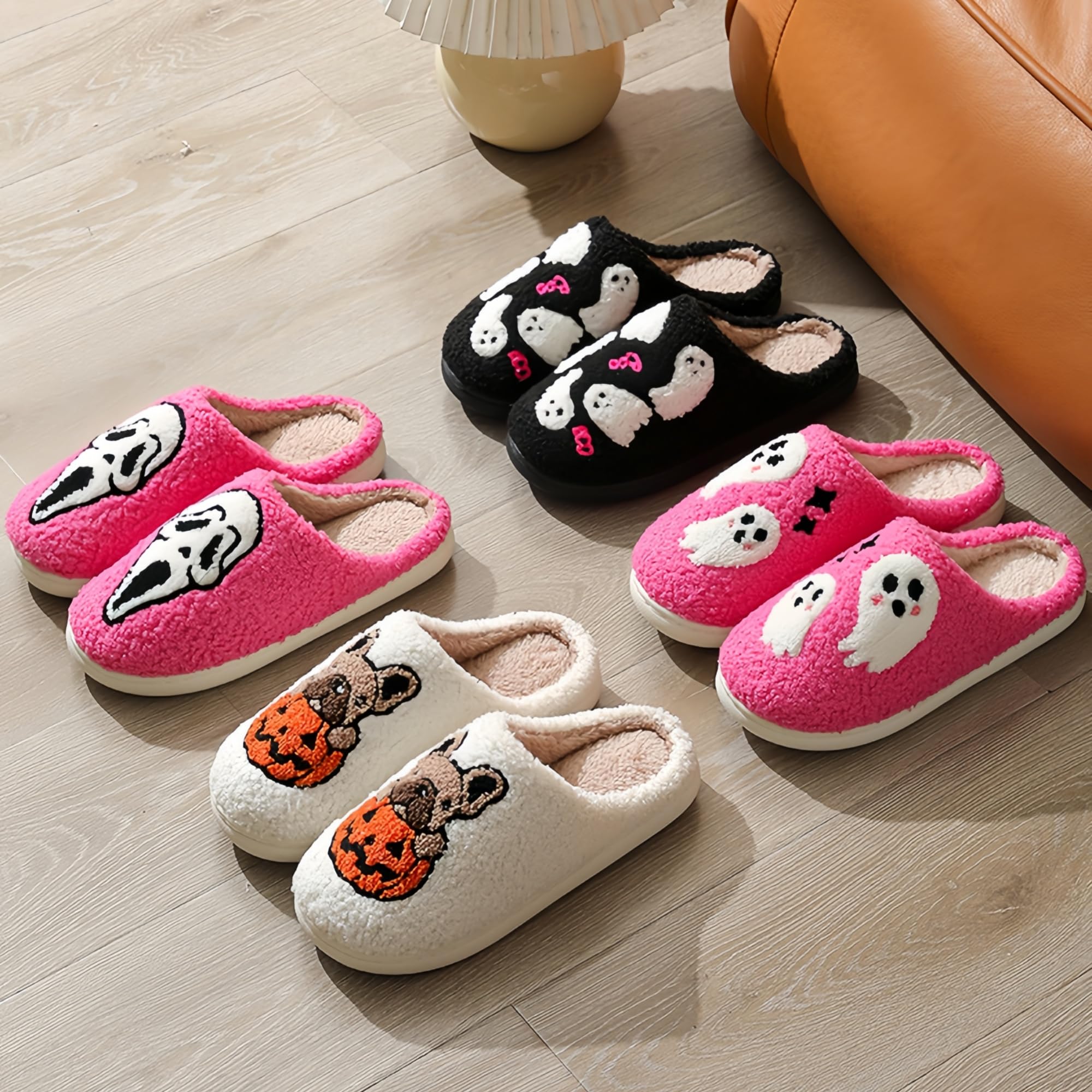 Halloween Slippers for Women Retro Soft Cozy Comfy Plush Lightweight Slip-on Indoor Outdoor Anti-Skid Sole Christmas House Shoes