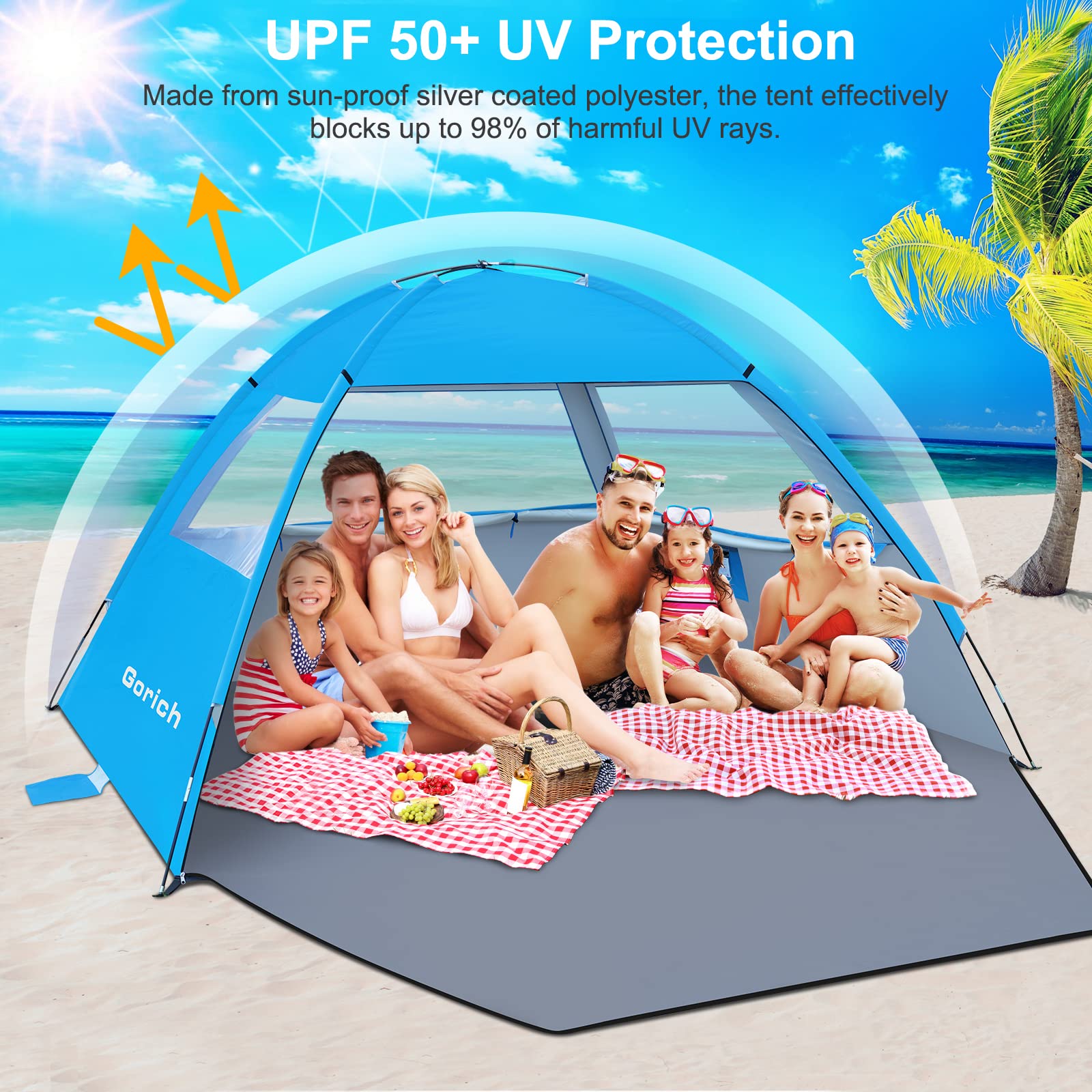 Gorich Beach Tent Sun Shelter for 3/4/6/8/10 Person with UPF 50＋ UV Protection, Lightweight & Easy Setup Beach Shade Canopy, Portable Beach Shade Tent Beach Cabana