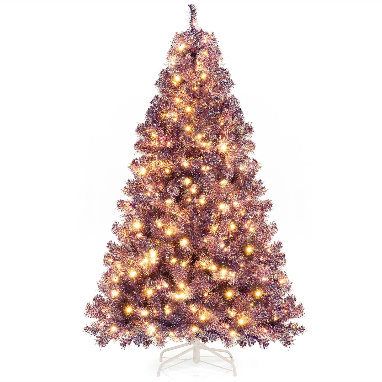 Goplus 7FT Pre-Lit Artificial Christmas Tree Auto-Spread/Close up Branches 11 Flash Modes with Multicolored 400 LED Lights & Metal Stand