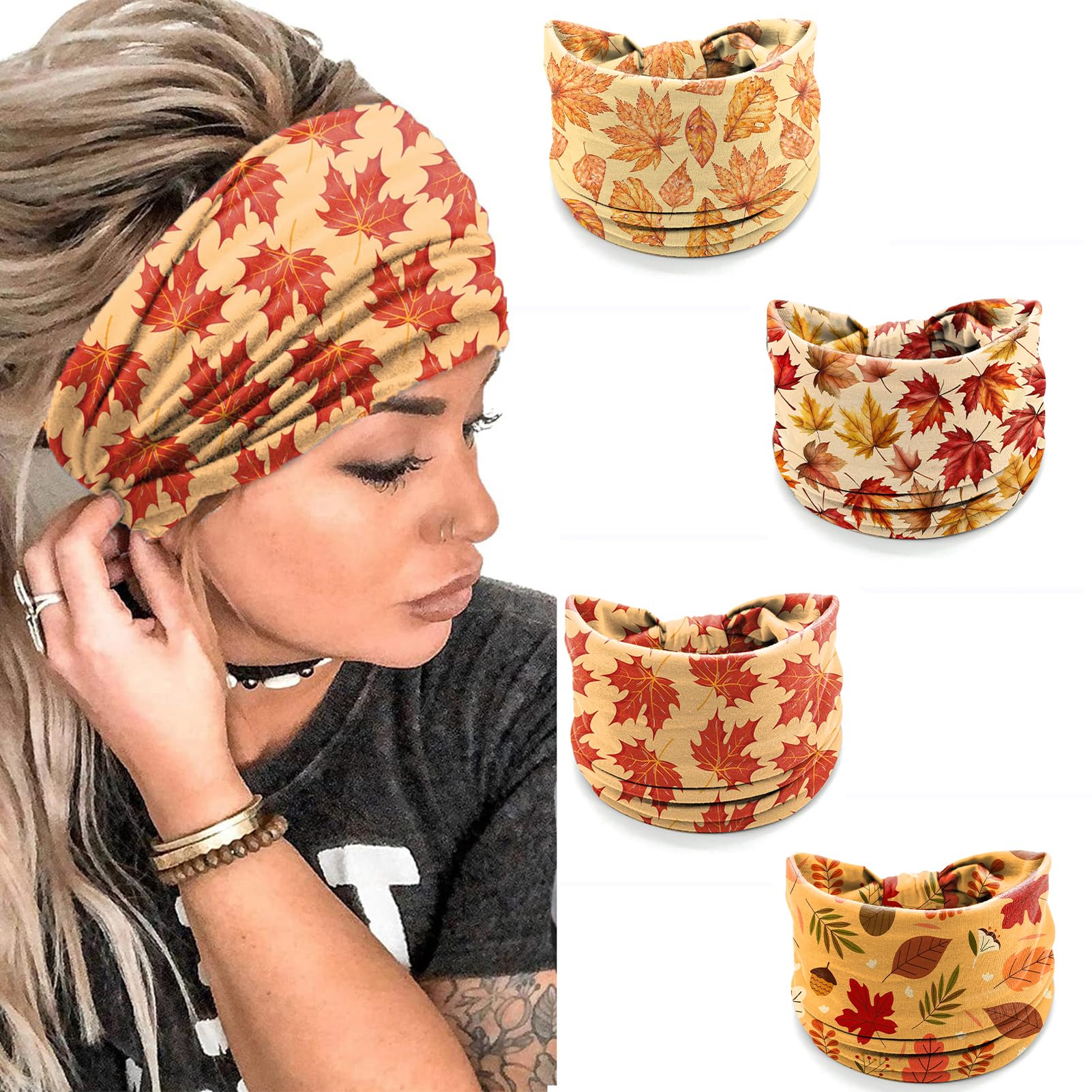 winthrop 4 Pack Autumn Maple Leaf Headbands for Women, Thanksgiving Wide Stretchy Yoga Workout Hair Bands, Soft Non-Slip Fall Turban Headwraps for Running Makeup Everyday Use