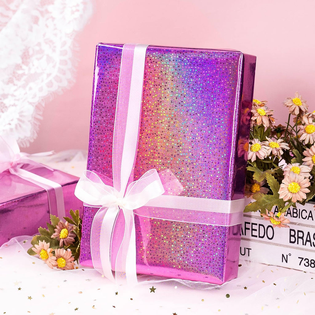 Burymento Black Wrapping Paper Roll, Metallic Holographic Stripe Gift Wrap for Birthday, Valentines, Mothers day, Graduation, Wedding, Fathers day, Baby Shower, Christmas (17 IN x 32.8 FT)