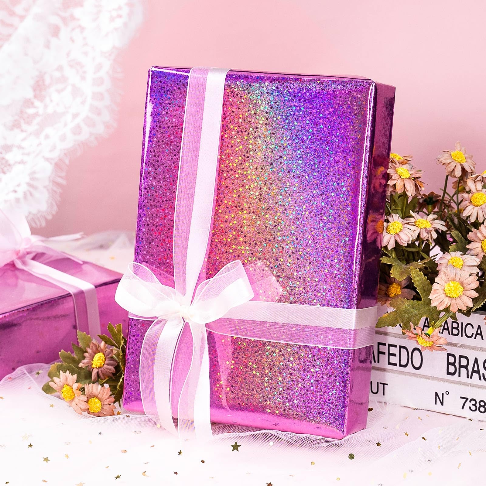 Burymento Black Wrapping Paper Roll, Metallic Holographic Stripe Gift Wrap for Birthday, Valentines, Mothers day, Graduation, Wedding, Fathers day, Baby Shower, Christmas (17 IN x 32.8 FT)