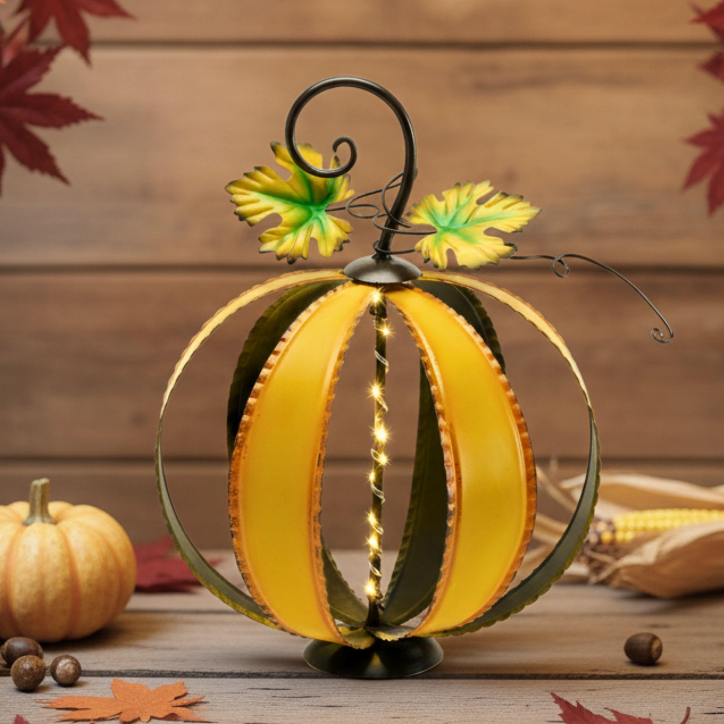 TERESA'S COLLECTIONS Fall Decor, Pumpkin Decor, Large Orange Pumpkin Decor with Light, 15.4", Metal Outdoor Fall Decor, Pumpkin Gifts, Fall Gifts, Thanksgiving Gifts, Indoor/Outdoor