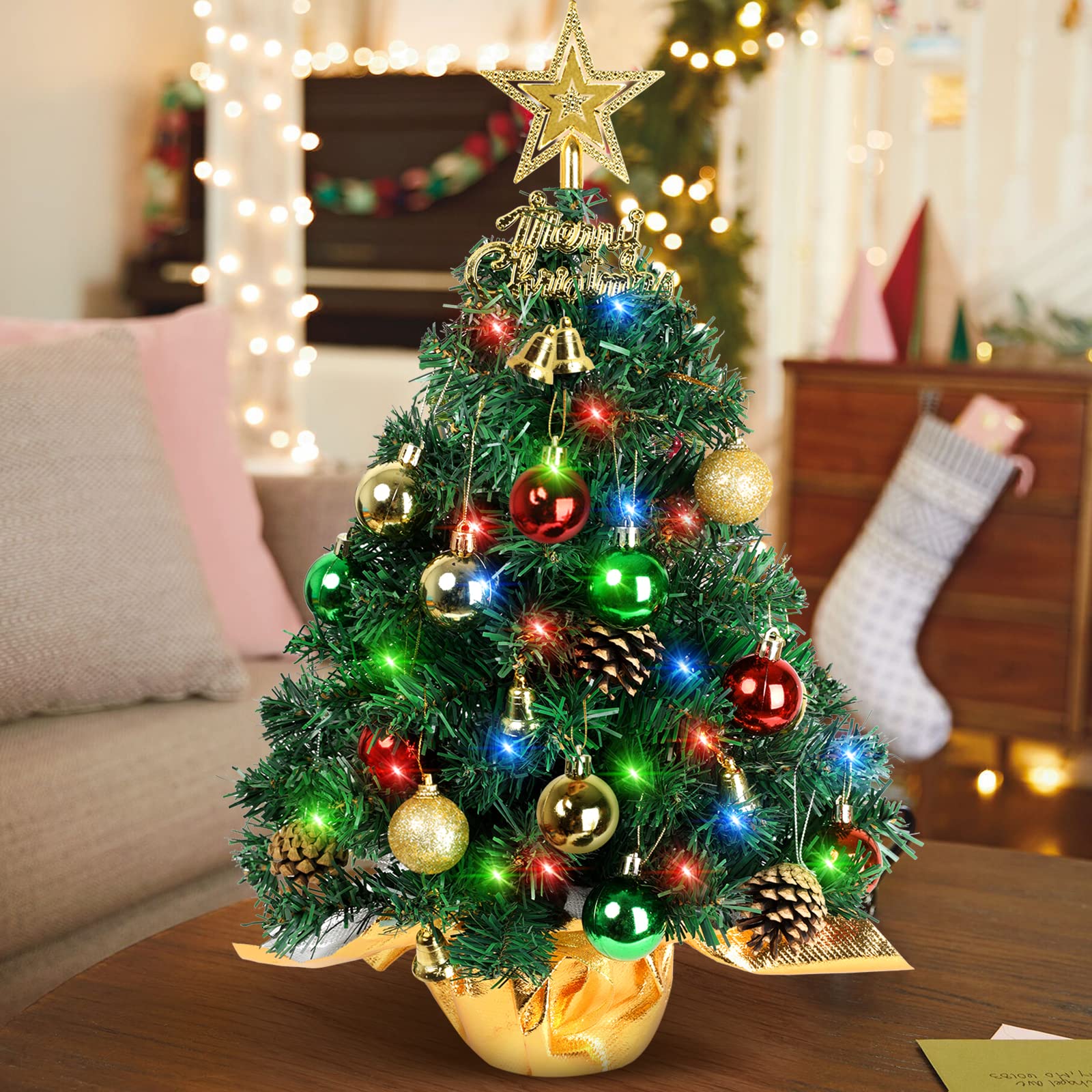 Tabletop Christmas Tree 21.65 Inch Mini Artificial Christmas Tree with 20 LED String Lights, Star Tree, Pine Cones Ornaments, Small Xmas Tree for Holiday Indoor DIY Christmas Decor