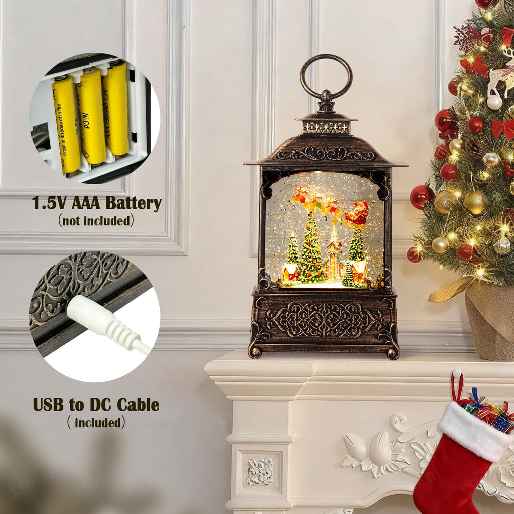 Snowman Christmas Snow Globe Lantern, Lighted Christmas Decorations for Home Candle Shaped Snow Lantern with Music Timer Glittering, Home Decor Festival Gife, USB & Battery Operated