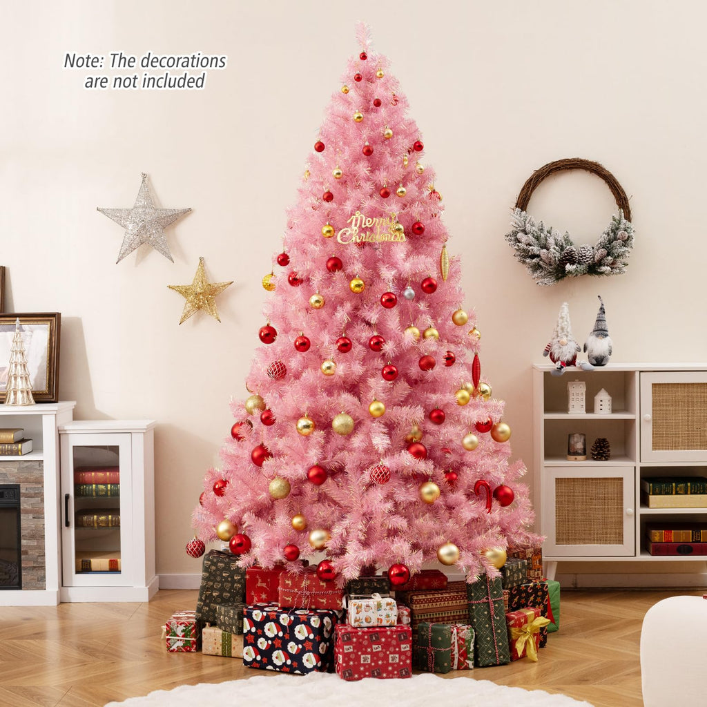 Goplus 7FT Pre-Lit Artificial Christmas Tree Auto-Spread/Close up Branches 11 Flash Modes with Multicolored 400 LED Lights & Metal Stand