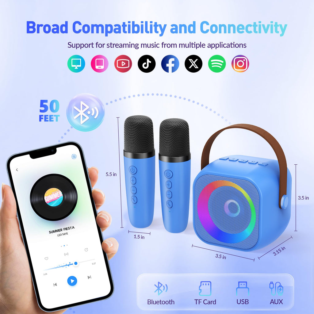 Mini Karaoke Machine, Portable Bluetooth Karaoke Speaker with 2 Wireless Microphones and Party Lights for Kids and Adults, Birthday Gifts for Girls Boys Family Home Party