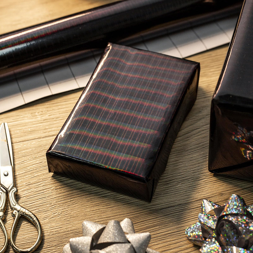 Burymento Black Wrapping Paper Roll, Metallic Holographic Stripe Gift Wrap for Birthday, Valentines, Mothers day, Graduation, Wedding, Fathers day, Baby Shower, Christmas (17 IN x 32.8 FT)