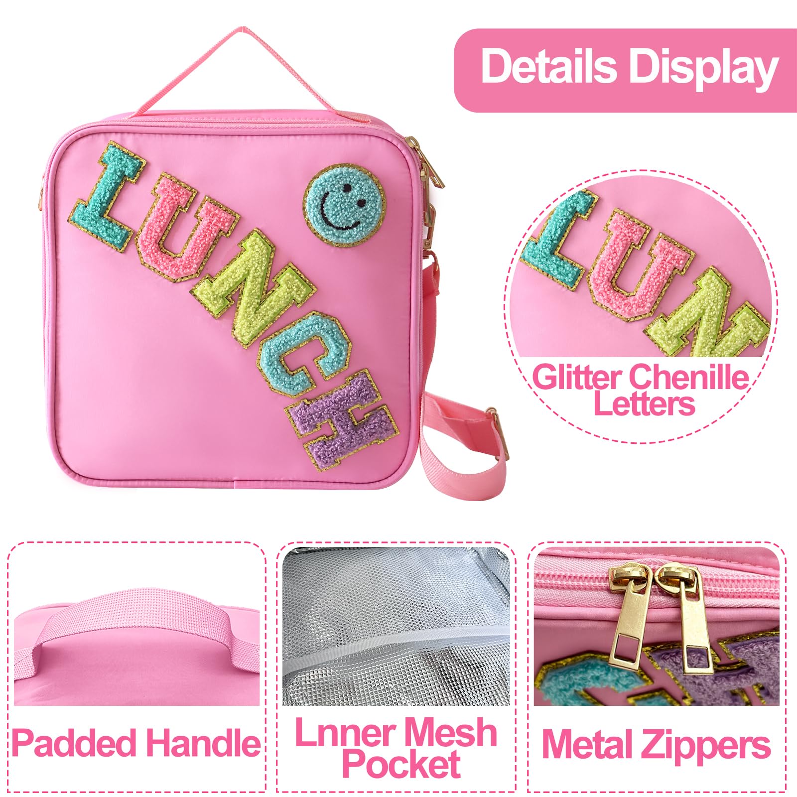 Insulated Lunch Bag With Adjustable Shoulder Strap, Nylon Preppy Lunch Box Large Insulated Lunch Bag Reusable Lunch Tote Bag with Smiley Preppy LunchBag for Girls School Travel Picnic (Purple)