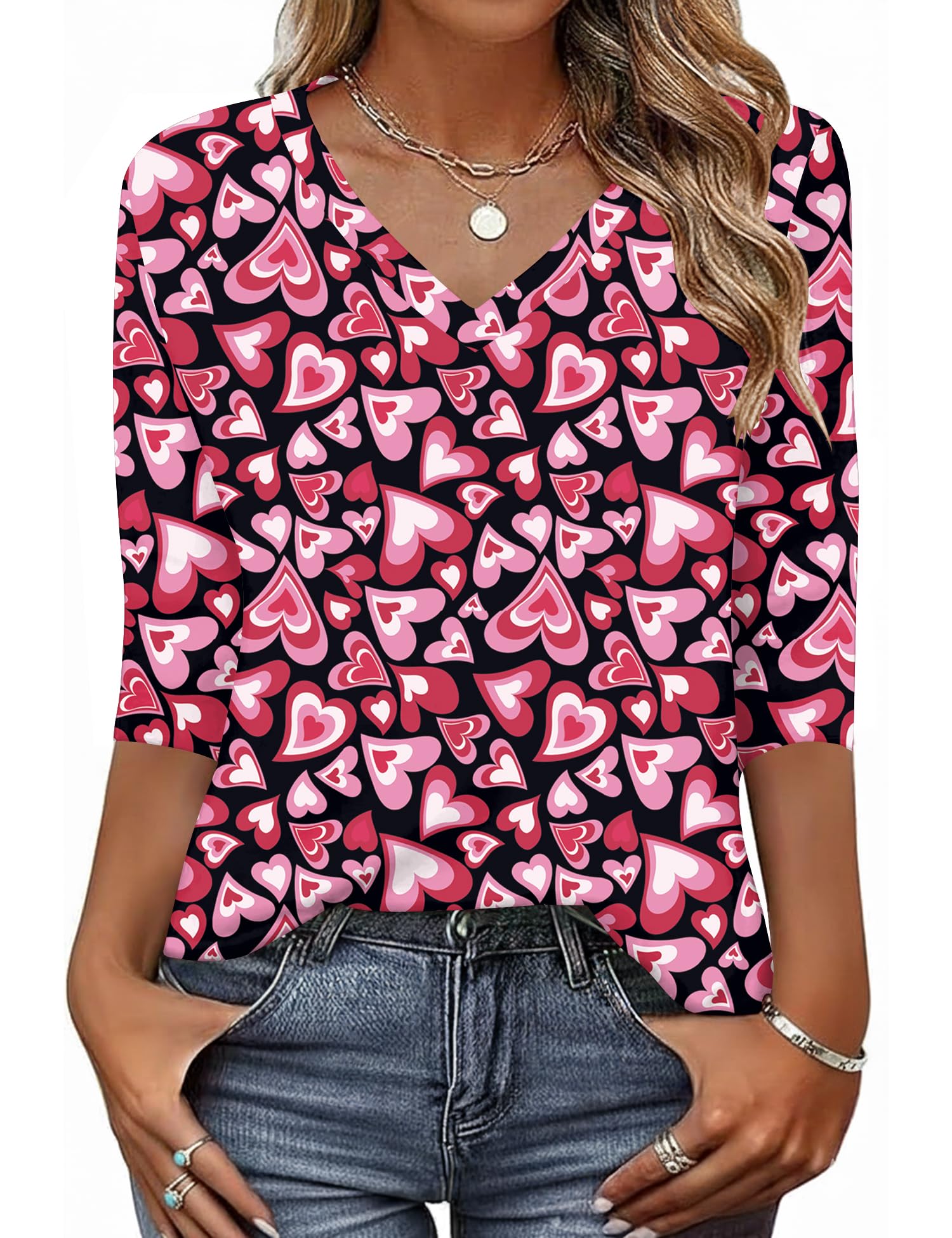 KTILG Women's V Neck T Shirts 3/4 Sleeve Blouse Summer Tops Dressy Casual Solid Basic Tees