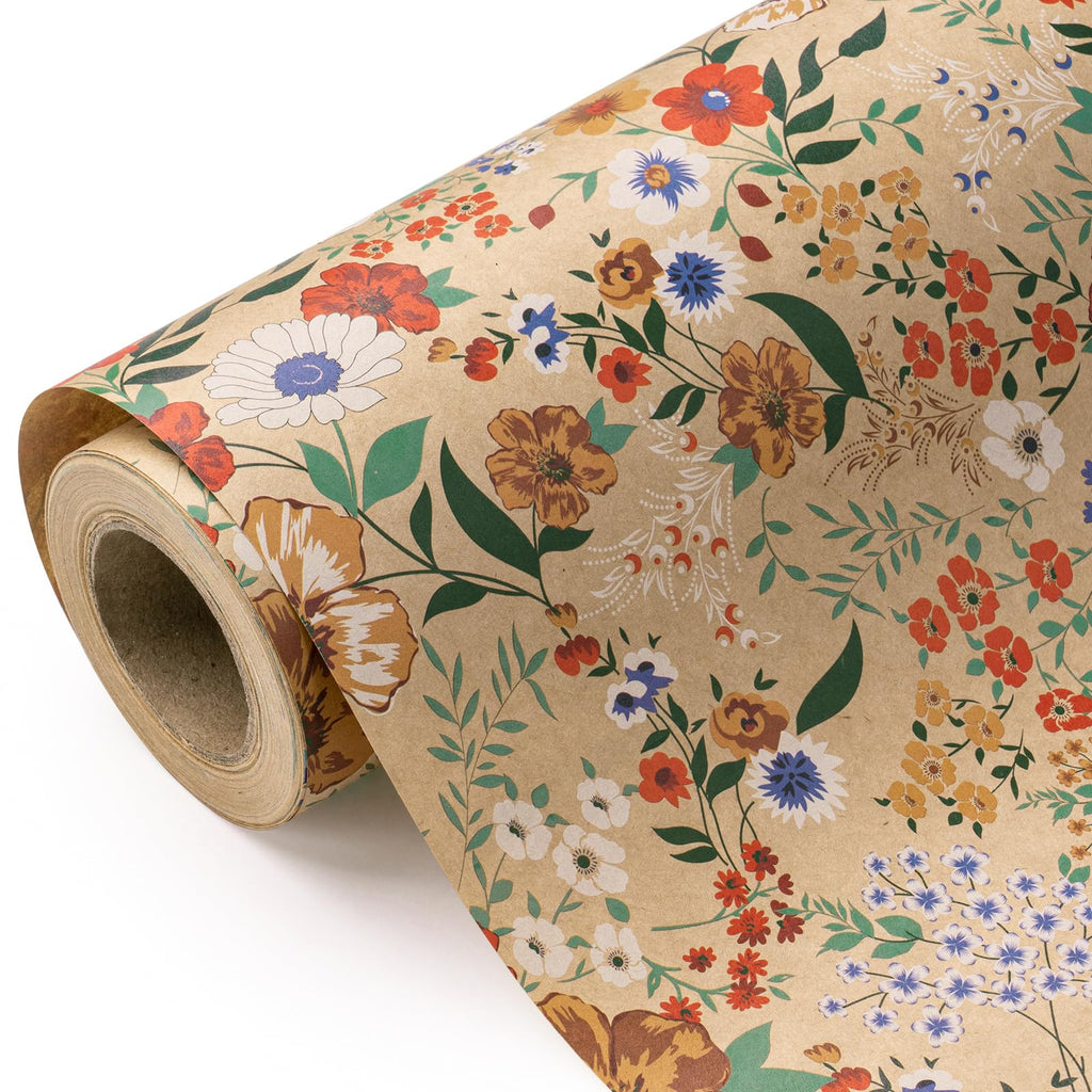WRAPAHOLIC Kraft Floral Wrapping Paper Roll - Mini Roll - 17 Inch x 9.8 Feet - Spring Summer Garden Flower Design Perfect for Wedding, Bridal Shower, Birthday