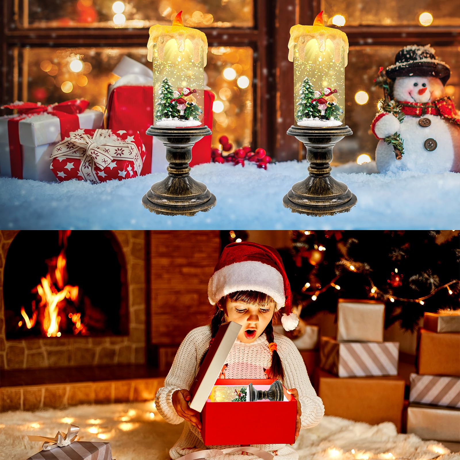Christmas Snow Globe Candle Lantern with Snowman & Reindeer, Vintage-Style LED with Glitter Swirl & 6H Timer, Battery Operated (3×AA) Holiday Decoration for Tabletop & Mantel