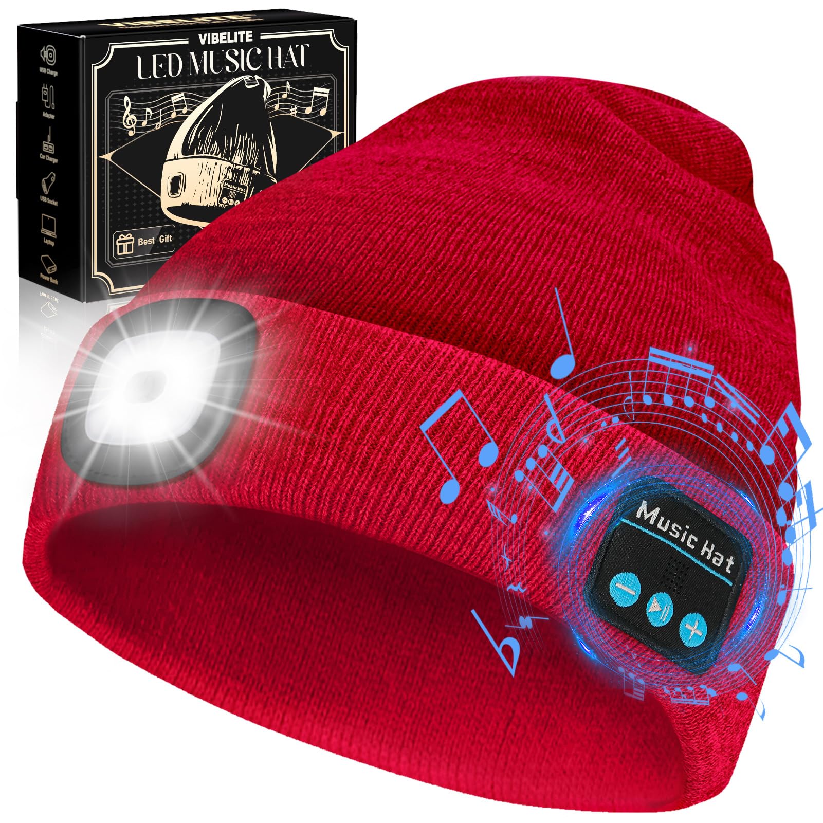 VIBELITE LED Beanie Hat with Light, USB Rechargeable LED Headlamp for Hiking, Camping, Fathers Day Gift for Dad, Husband, Birthday Gifts for Men, Women, Dad Gifts from Daughter, Wife, Black