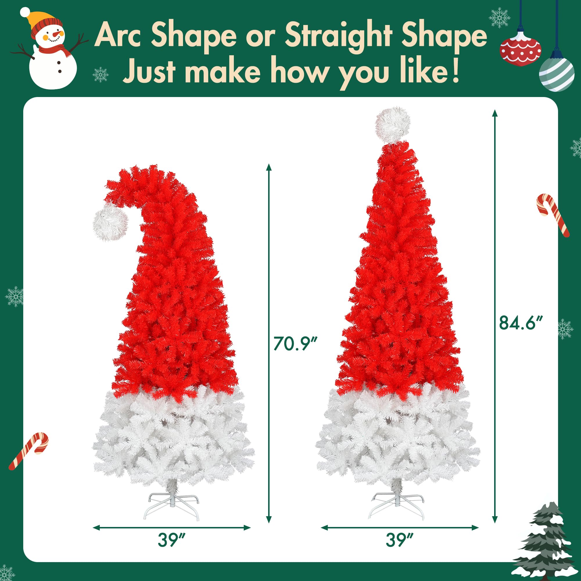 Merax 7FT Red Christmas Tree, Red Santa Hat Christmas Tree Prelit with 400 Lights and 1250 Branches, Artificial Whimsical Seasonal Holiday Decoration