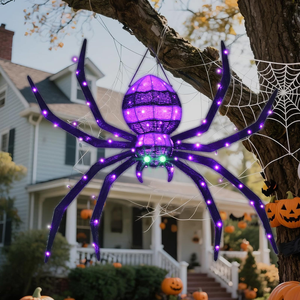 Halloween Decorations Outside Giant Spider - HOYECHI Outdoor Halloween Decor Lighted Spider 4.2FT, Light Up Spider with 90 LED Lights, Ground Stakes, for Front Yard Porch Gardens Lawns Party