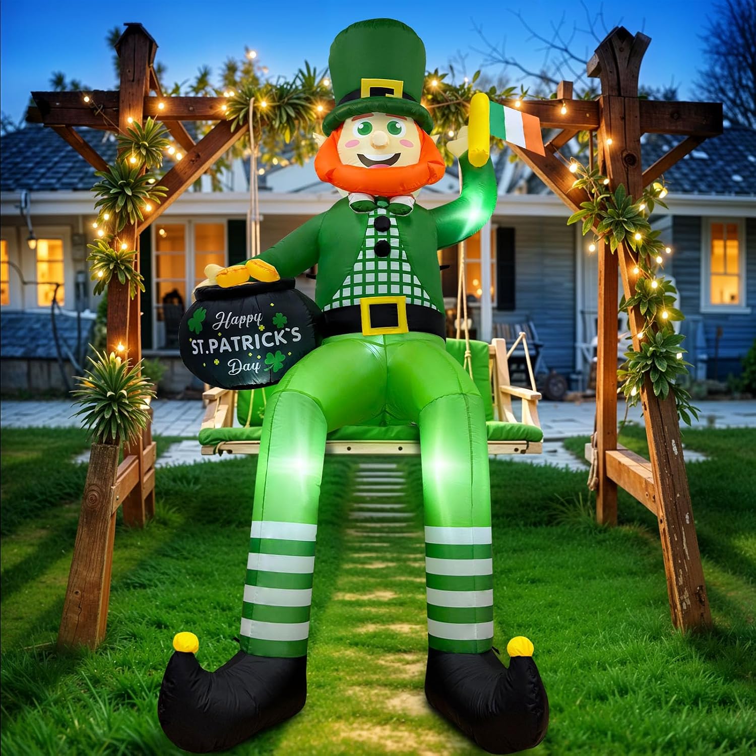 OurWarm 8FT St. Patrick's Day Inflatable Decorations Outdoor, Sitting Leprechaun Inflatable Yard Decorations with LED Lights, Blow Up Leprechaun Decoration for Roof Yard Lawn Holiday Decorations