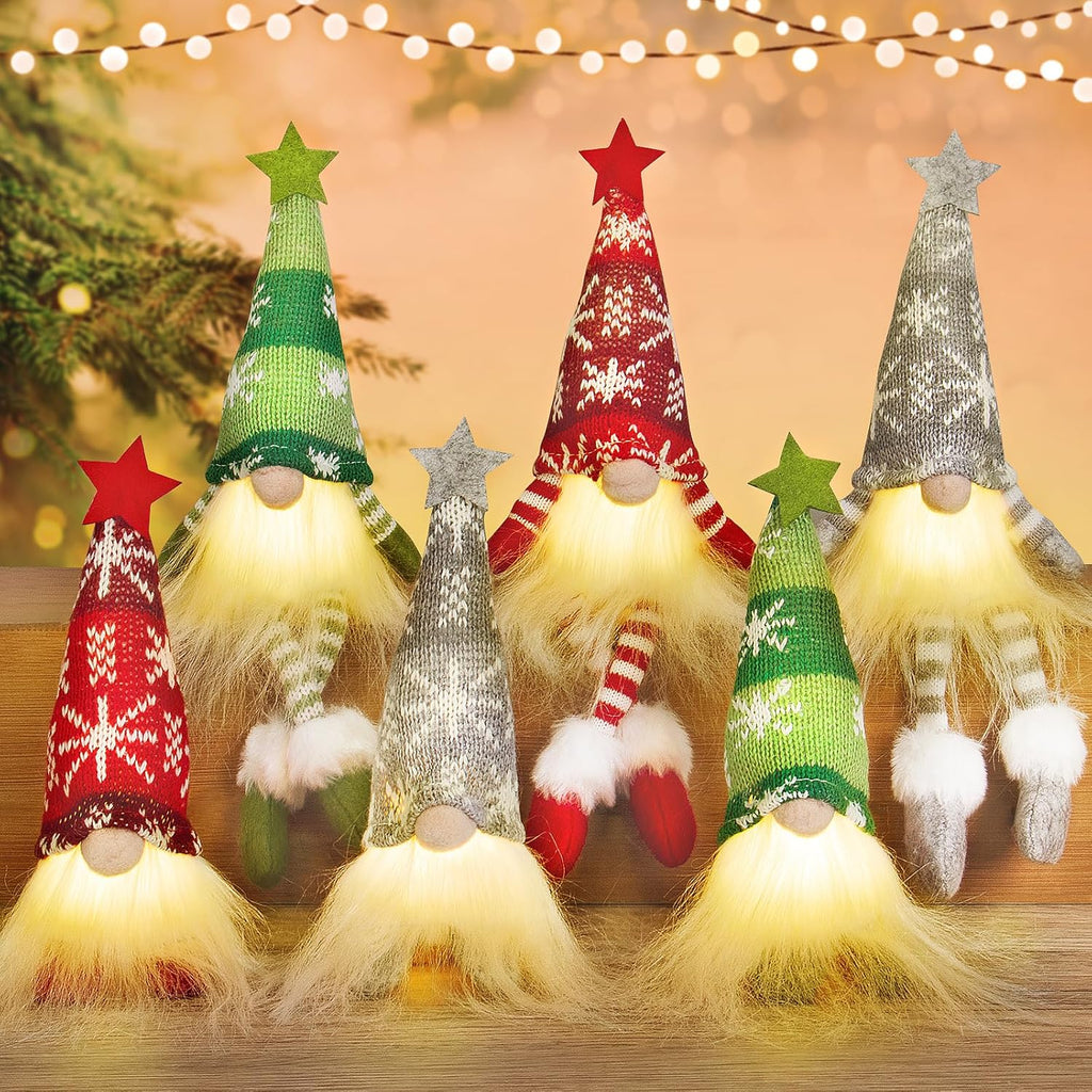 WEMEMORN Gnome Christmas Decorations Set of 6, Lighted Christmas Gnome Ornaments, Swedish Tomte Xmas Gnomes Plush Doll, Scandinavian Santa Christmas Ornaments Indoor Home Tree Tabletop Decoration