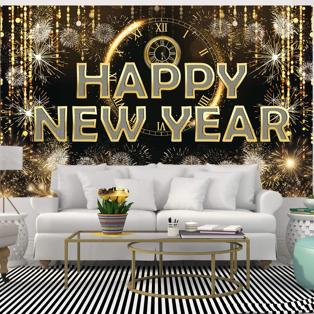 HAPPY NEW YEAR Hanging Extra Large Fabric Sign Poster Black Background Banner with Firework Pattern for New year Party Decorations