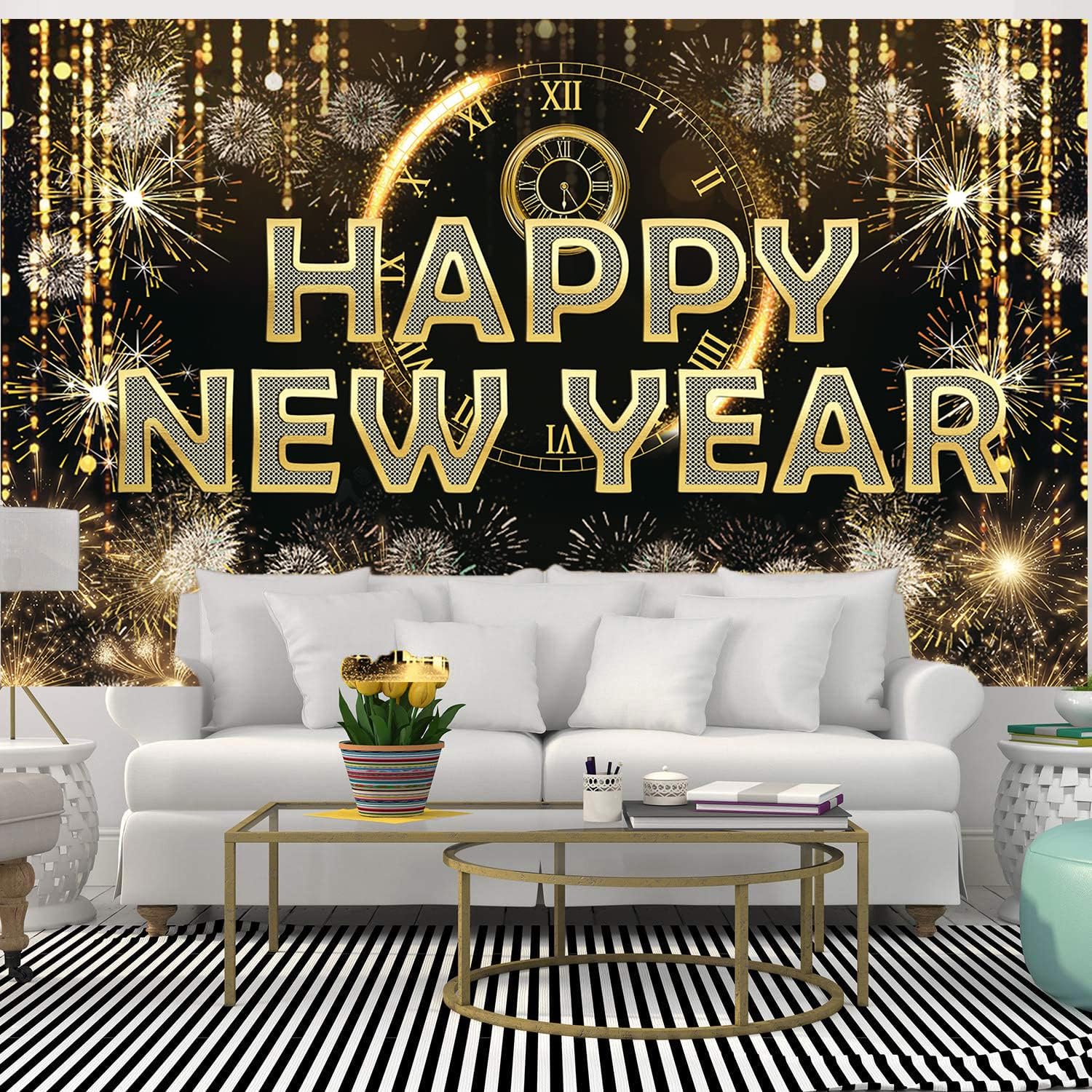 HAPPY NEW YEAR Hanging Extra Large Fabric Sign Poster Black Background Banner with Firework Pattern for New year Party Decorations