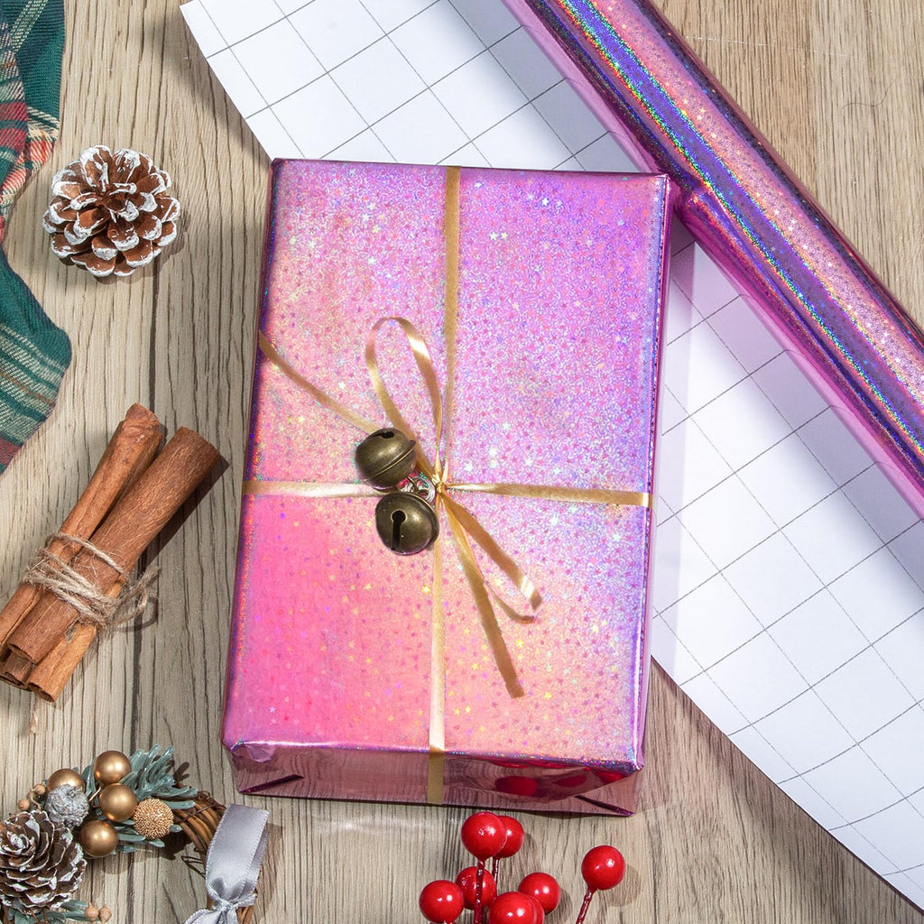 Burymento Black Wrapping Paper Roll, Metallic Holographic Stripe Gift Wrap for Birthday, Valentines, Mothers day, Graduation, Wedding, Fathers day, Baby Shower, Christmas (17 IN x 32.8 FT)