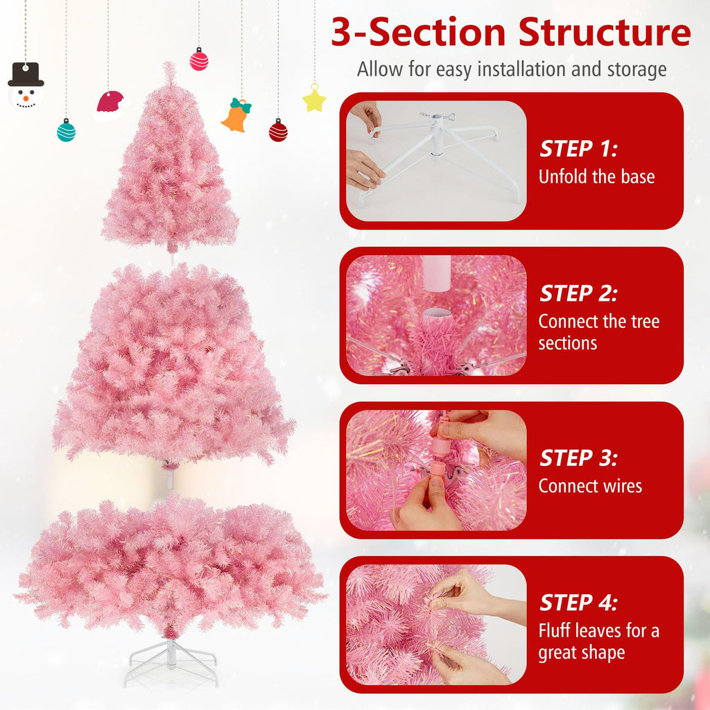 Goplus 7FT Pre-Lit Artificial Christmas Tree Auto-Spread/Close up Branches 11 Flash Modes with Multicolored 400 LED Lights & Metal Stand