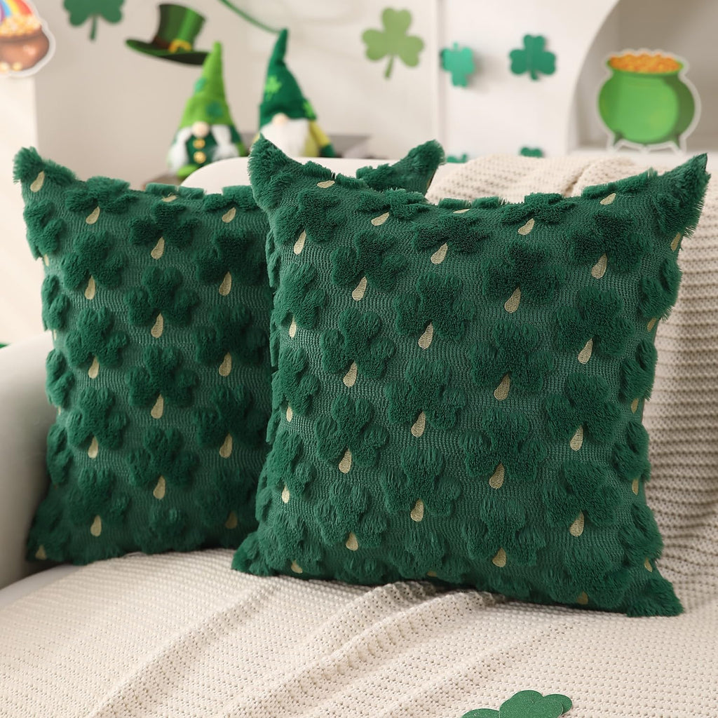 DFXSZ St Patricks Day Pillow Covers 18x18 inch Set of 2 St Patricks Day Decorations Green Shamrock Soft Plush Faux Fur Jacquard Throw Pillows for Bedroom Sofa Holiday Festivals Home Decor PTK021A18