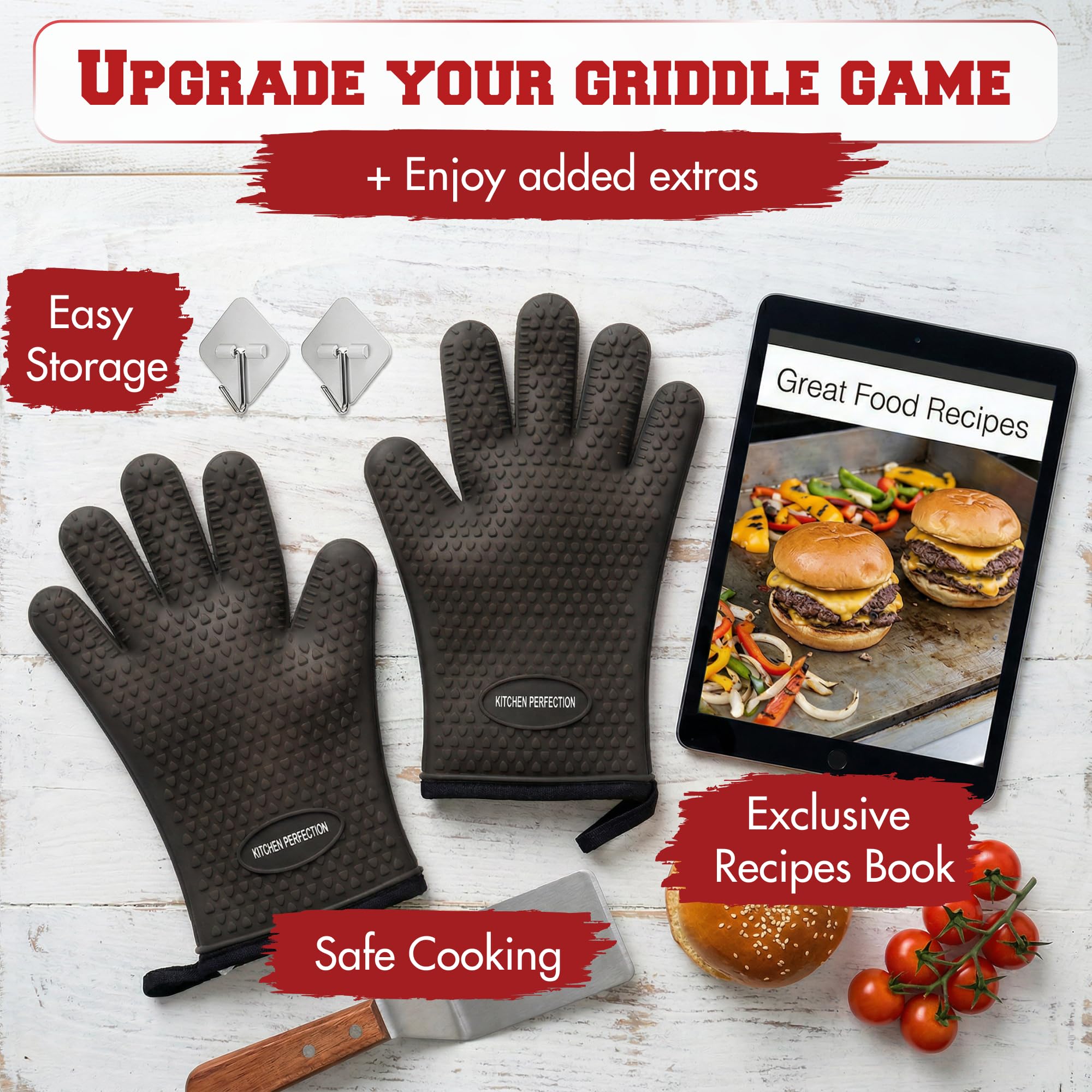 KITCHEN PERFECTION Silicone Oven & Griddle Gloves -Extreme Heat Resistant BBQ & Grilling Gloves -Handle Hot Food Right on Your Griddle |Waterproof Oven Mitts Grill Gloves |Superior Set+3 Bonuses