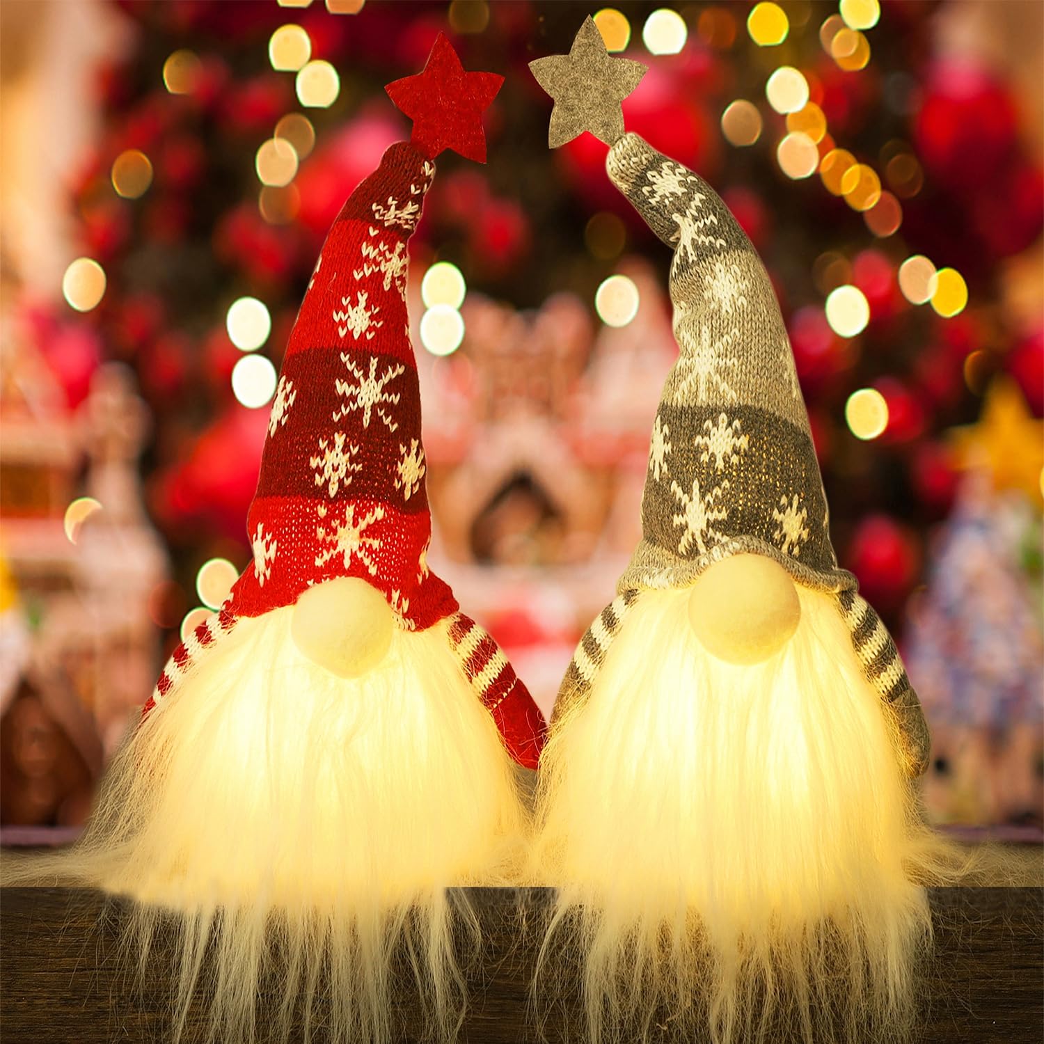Juegoal 11" Lighted Christmas Gnome Santa, Light Up Elf Holiday Present, Battery Operated Winter Tabletop Christmas Decorations, 2 Set
