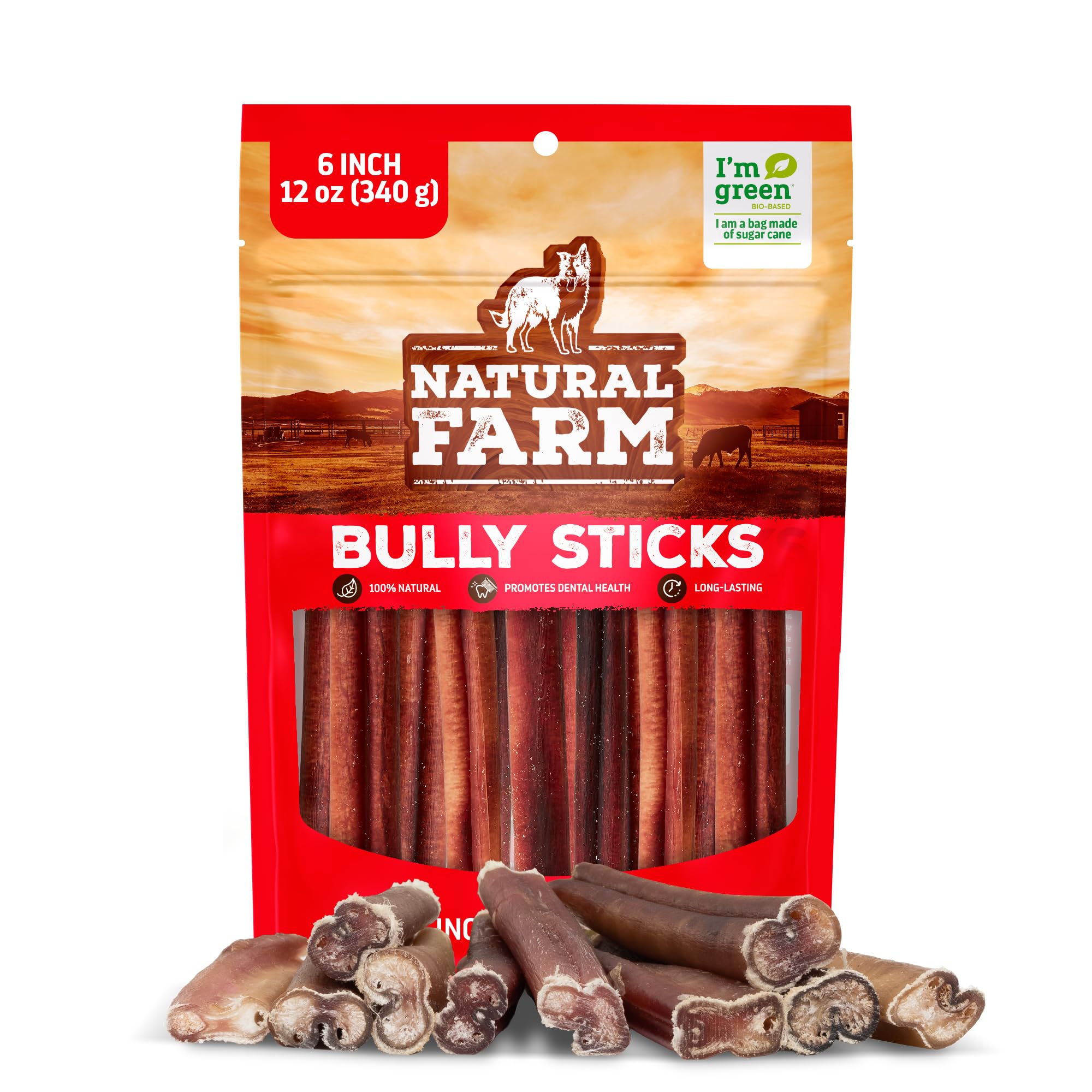 Natural Farm Bully Sticks (6 Inch, 15 Count), Single Ingredient: 100% Beef Chews, Grass-Fed, Non-GMO, Grain-Free, Fully Digestible Treats for Puppies, Small or Senior Dog