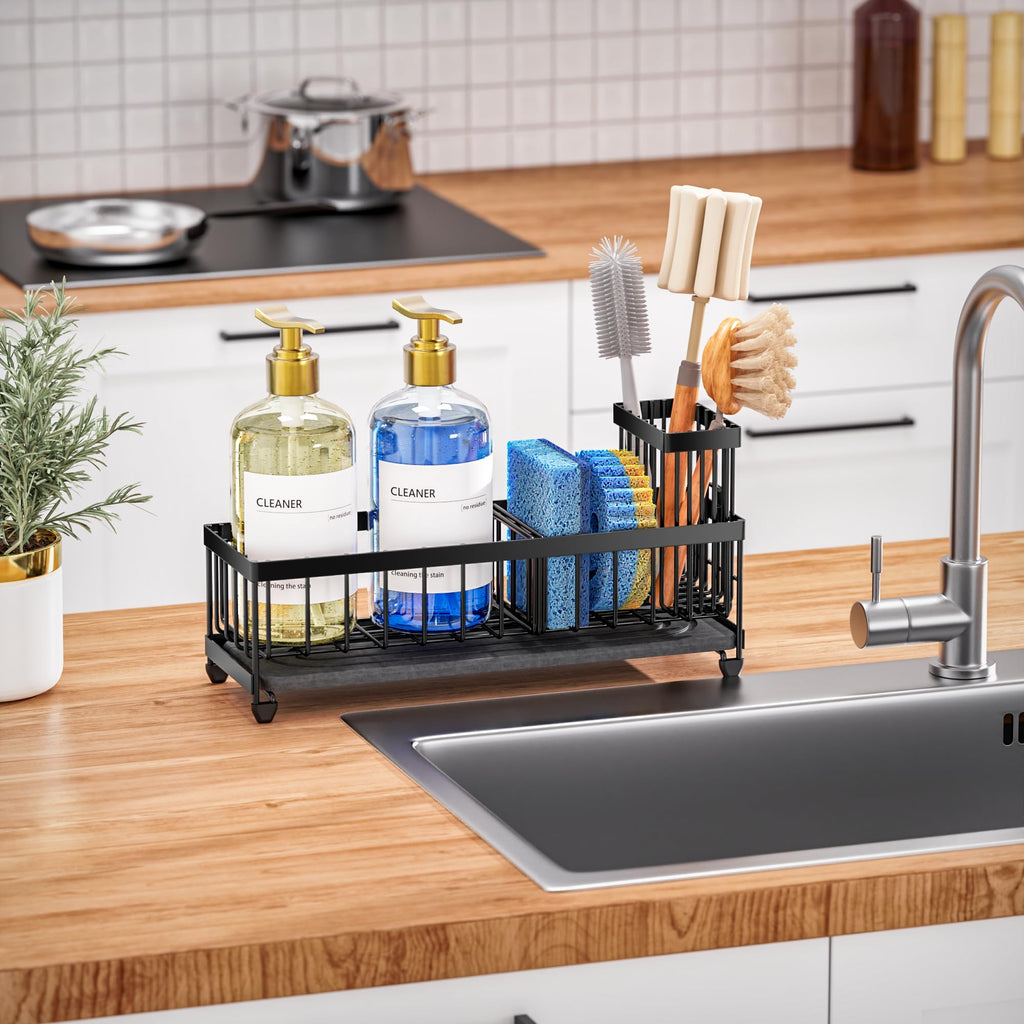 Cisily Sponge Holder for Kitchen Sink, Sink Caddy Organizer with High Brush Holder, Kitchen Countertop Organizers and Storage Essentials, Rustproof 304 Stainless Steel (Black, 9.25″)