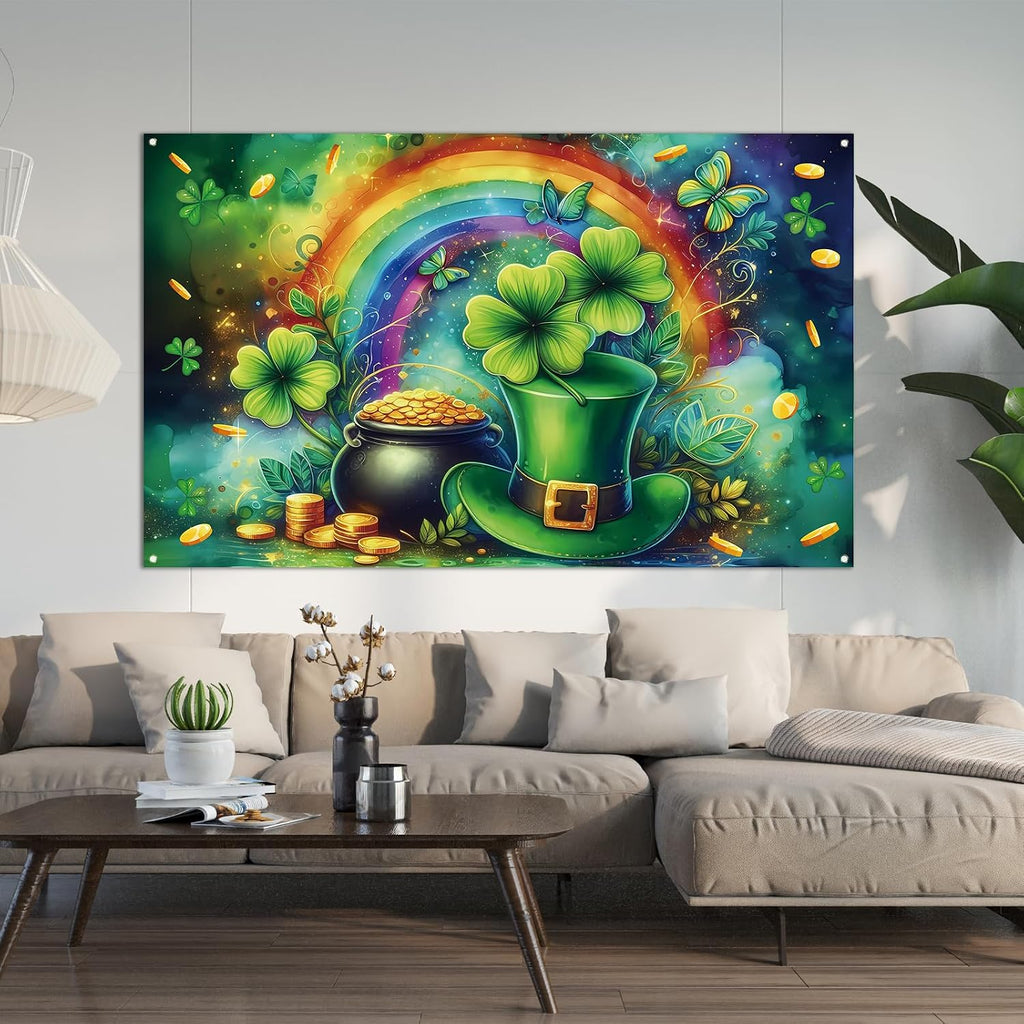 Happy St Patricks Day Photo Backdrop Rainbow Gold Coins Green Shamrock Lucky Clover Banner St. Patrick's Day Party Decorations and Supplies for Home-71×43''