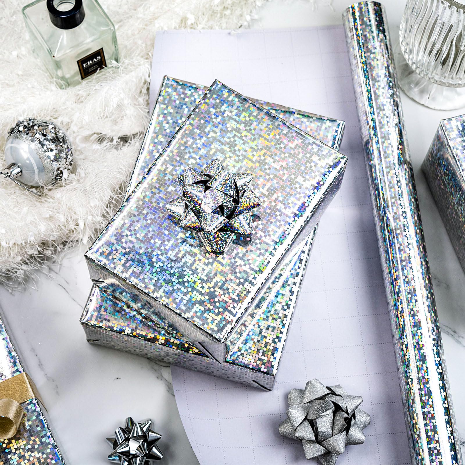 Burymento Black Wrapping Paper Roll, Metallic Holographic Stripe Gift Wrap for Birthday, Valentines, Mothers day, Graduation, Wedding, Fathers day, Baby Shower, Christmas (17 IN x 32.8 FT)