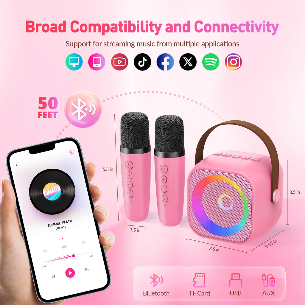 Mini Karaoke Machine, Portable Bluetooth Karaoke Speaker with 2 Wireless Microphones and Party Lights for Kids and Adults, Birthday Gifts for Girls Boys Family Home Party