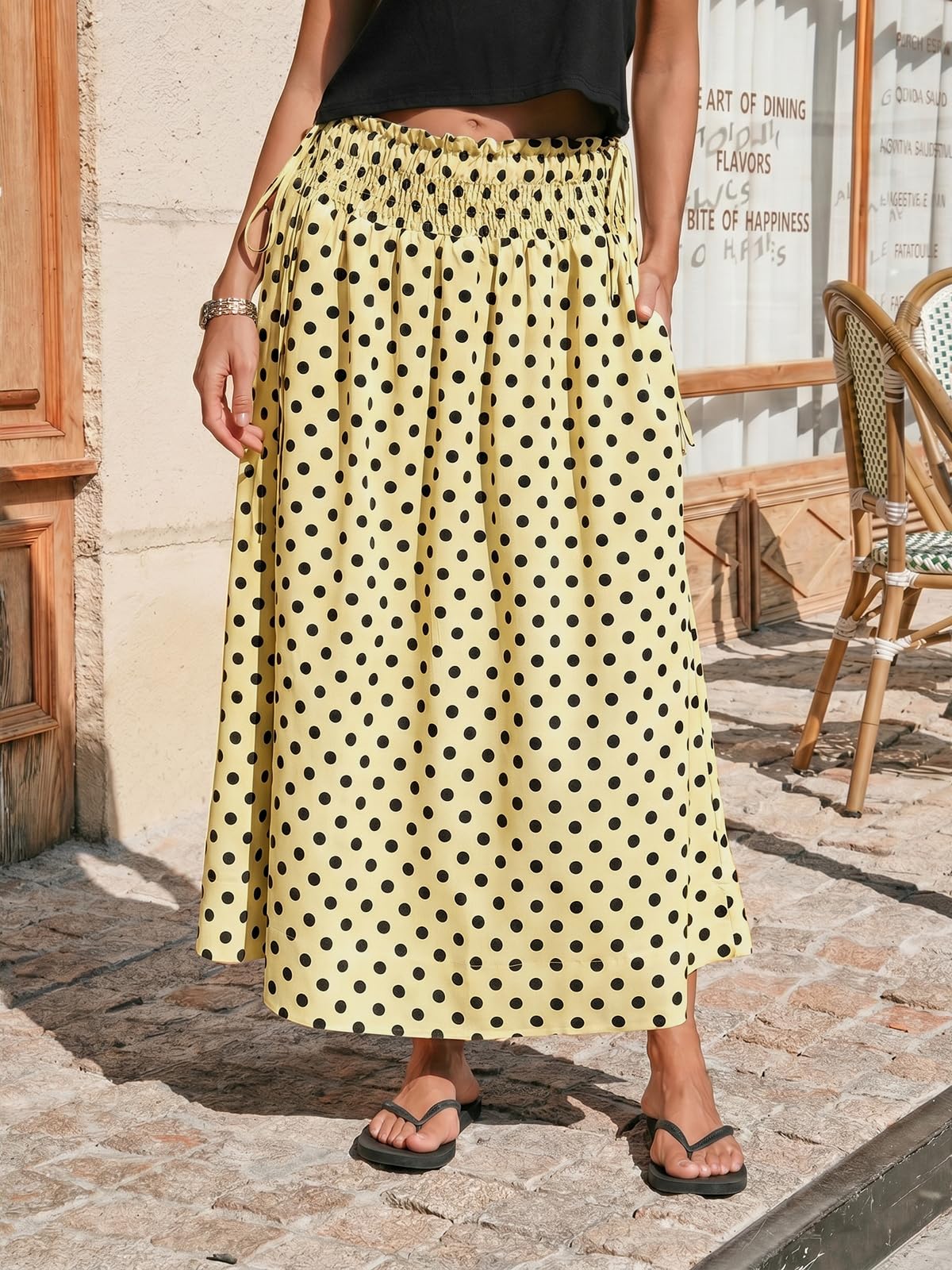 Tankaneo Womens Polka Dot Maxi Skirts Boho Smocked High Waisted Tie Skirt Casual Beach Vacation Dress