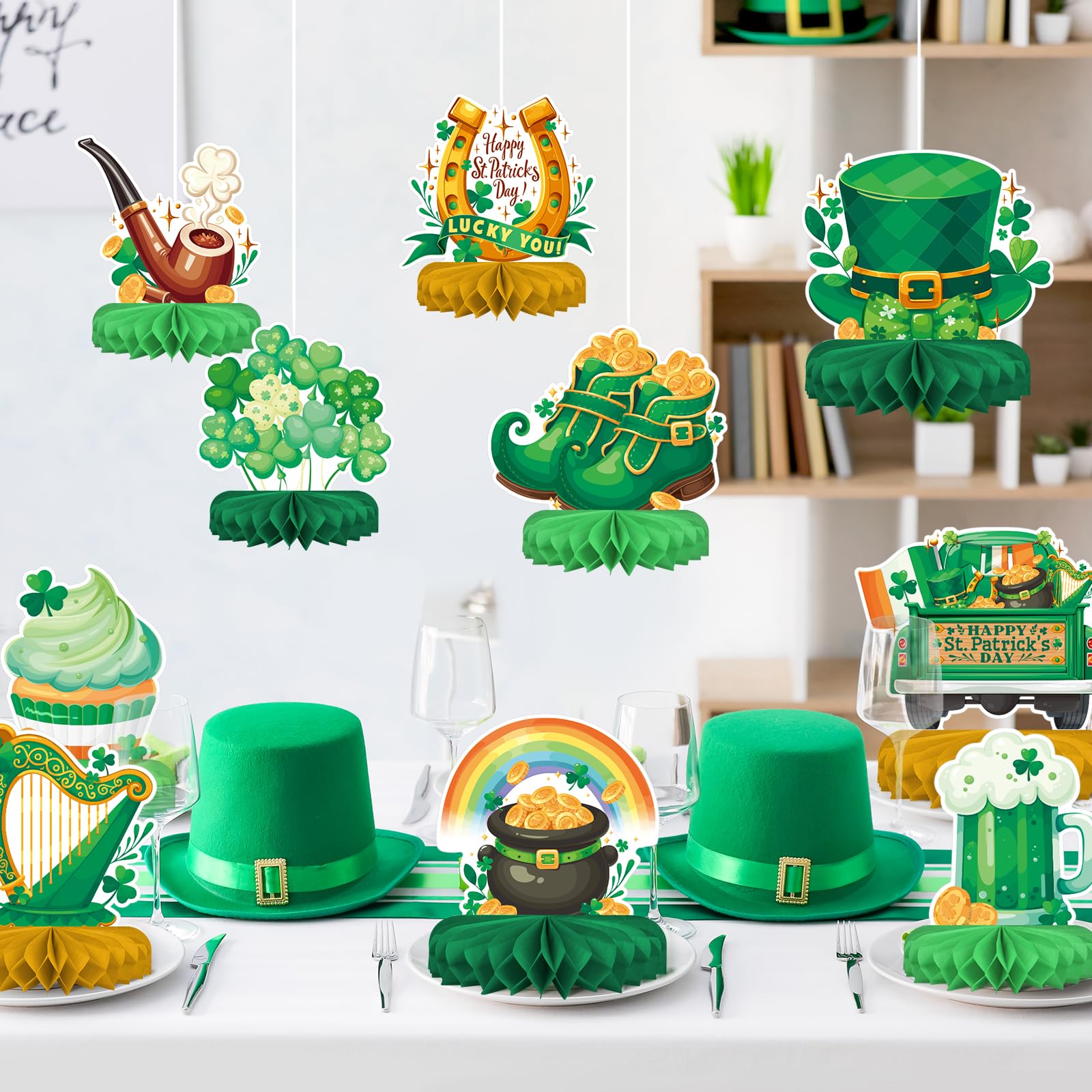 St Patrick's Day Decorations Set - St Patricks Day Honeycomb Centerpieces & Shamrock Beer Table Toppers, for Irish Classroom & St. Patrick's Day Party Supplies