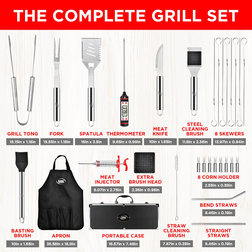 Kaluns Grilling Accessories, Dad Gifts for Fathers Day, Grilling Gifts, Heavy Duty Stainless Steel BBQ Tool Set for Outdoor Grill with Aluminum Case and Apron, Birthday Gifts for Men Women