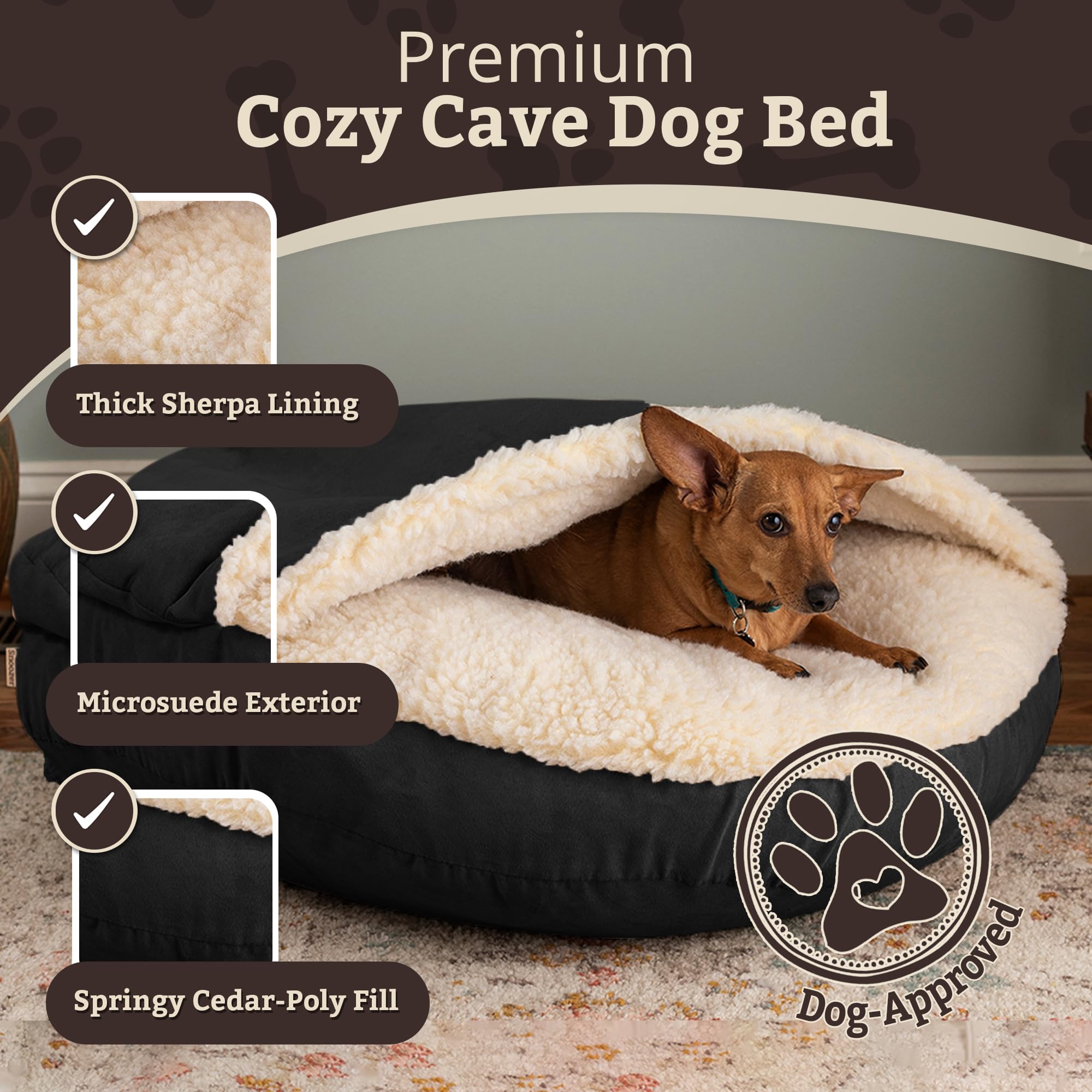 Snoozer Cozy Cave Dog Bed - Indoor Dog Bed with Cover Cave, Covered Calming Burrow for Small Sized Pets with Blanket Attached, Enclosed, Removable Washable Cover - Small, Navy