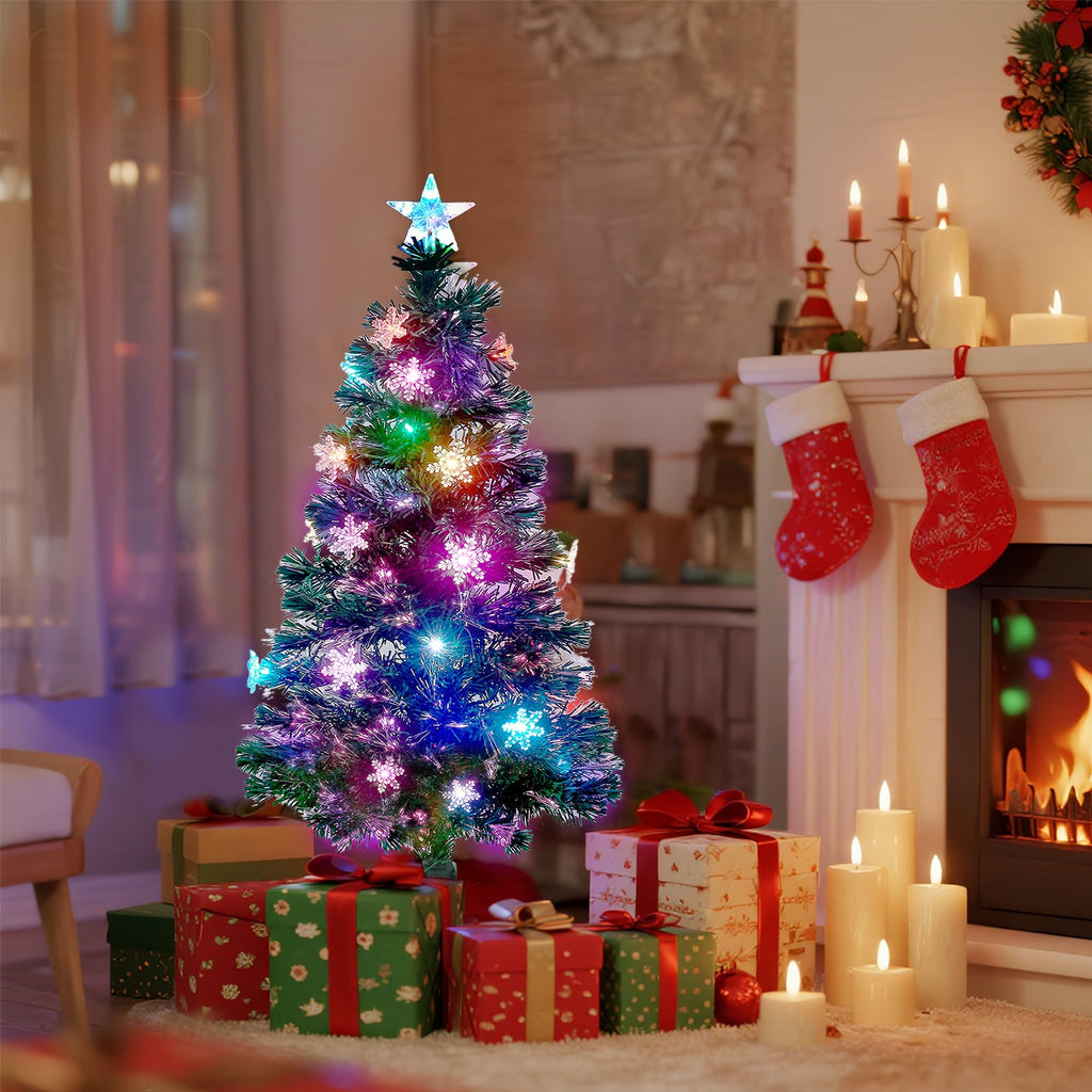 Prsildan 4 FT Artificial Christmas Tree, Pre-Lit Optical Fiber Xmas Trees with Multicolor LED Lights, Snowflakes & Top Star, Lighted Christmas Tree Holiday Home Decor