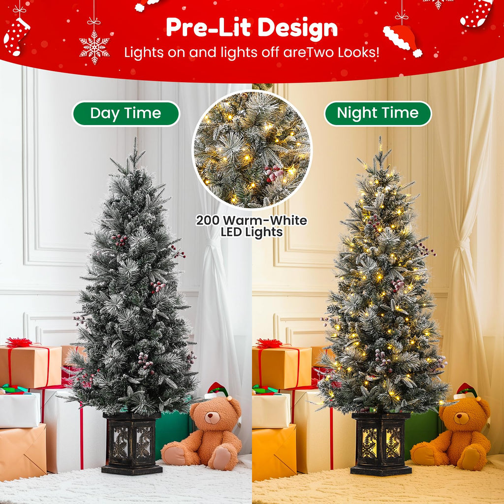 3FT Prelit Premium Snow Flocked Artificial Christmas Tree with Warm White LED, Mini Prelit Xmas Pine Tree for Christmas Decoration,Yard,Home,Office,Outdoor,Indoor,8 Mode Snowflake White Base- 1PC