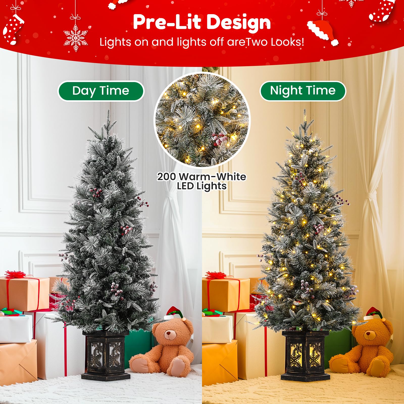 3FT Prelit Premium Snow Flocked Artificial Christmas Tree with Warm White LED, Mini Prelit Xmas Pine Tree for Christmas Decoration,Yard,Home,Office,Outdoor,Indoor,8 Mode Snowflake White Base- 1PC